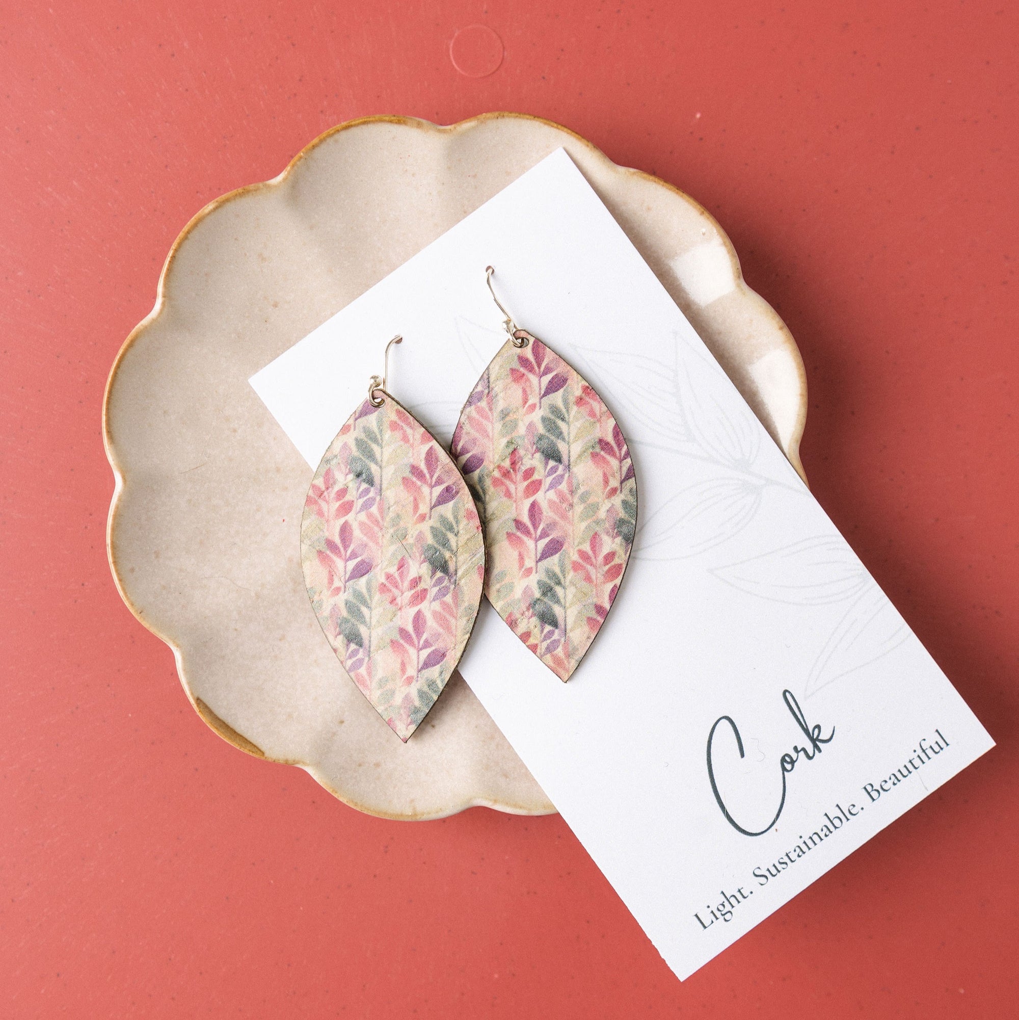 Green and Fuchsia Leaves Cork Earrings - Large Leaf