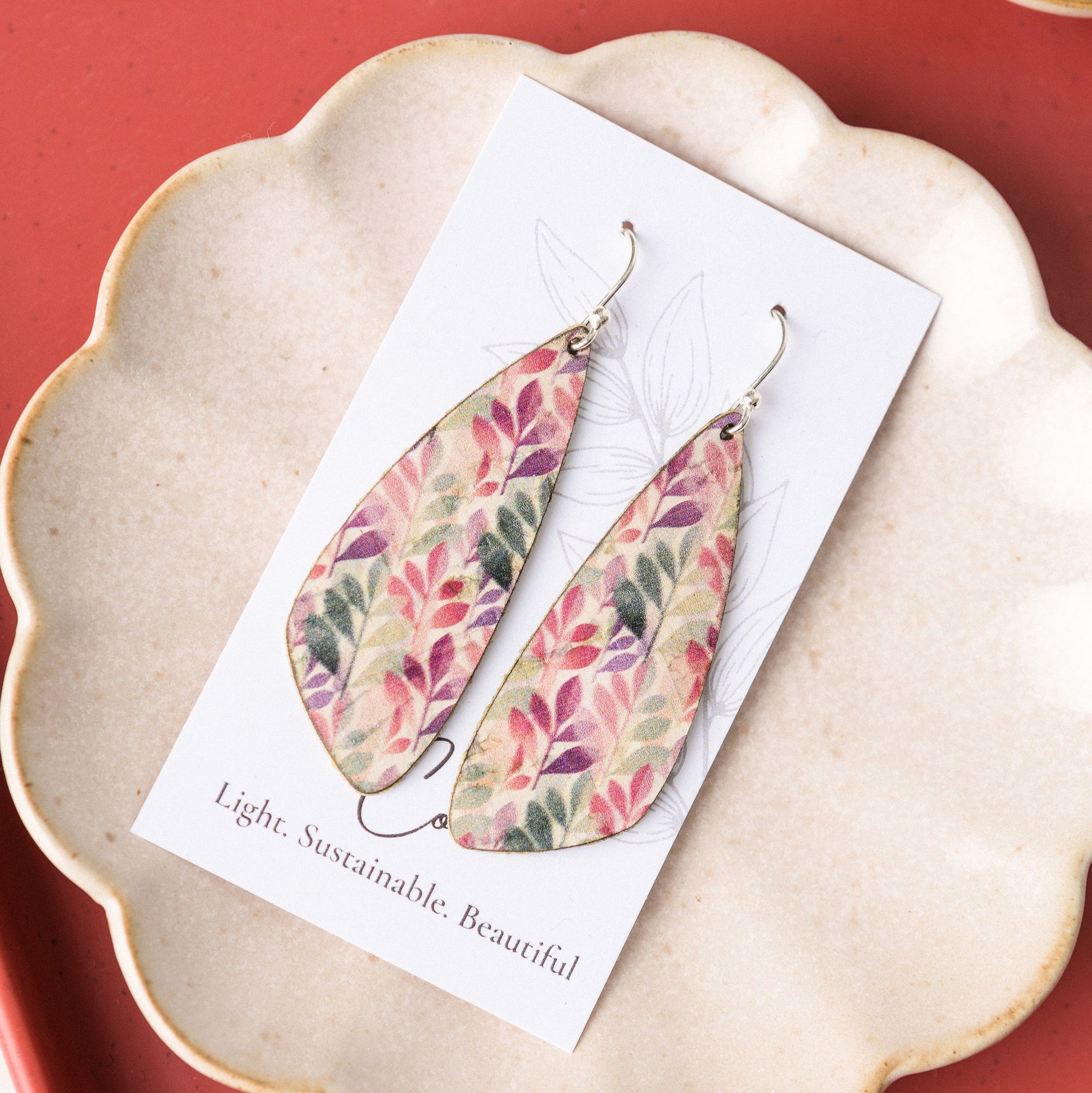 Green and Fuchsia Leaves Cork Earrings - Small Wing