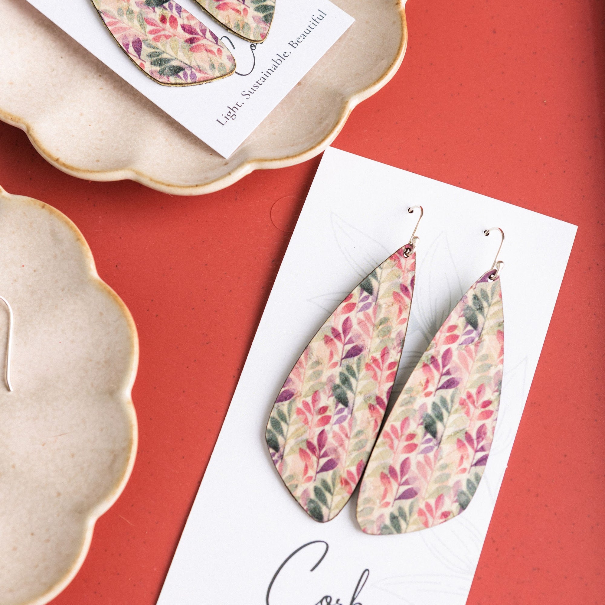 Green and Fuchsia Leaves Cork Earrings - Large Wing
