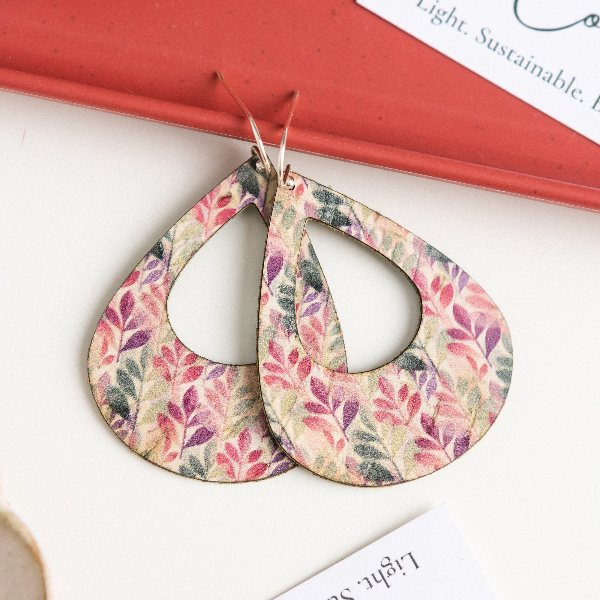 Green and Fuchsia Leaves Cork Earrings - Large Teardrop