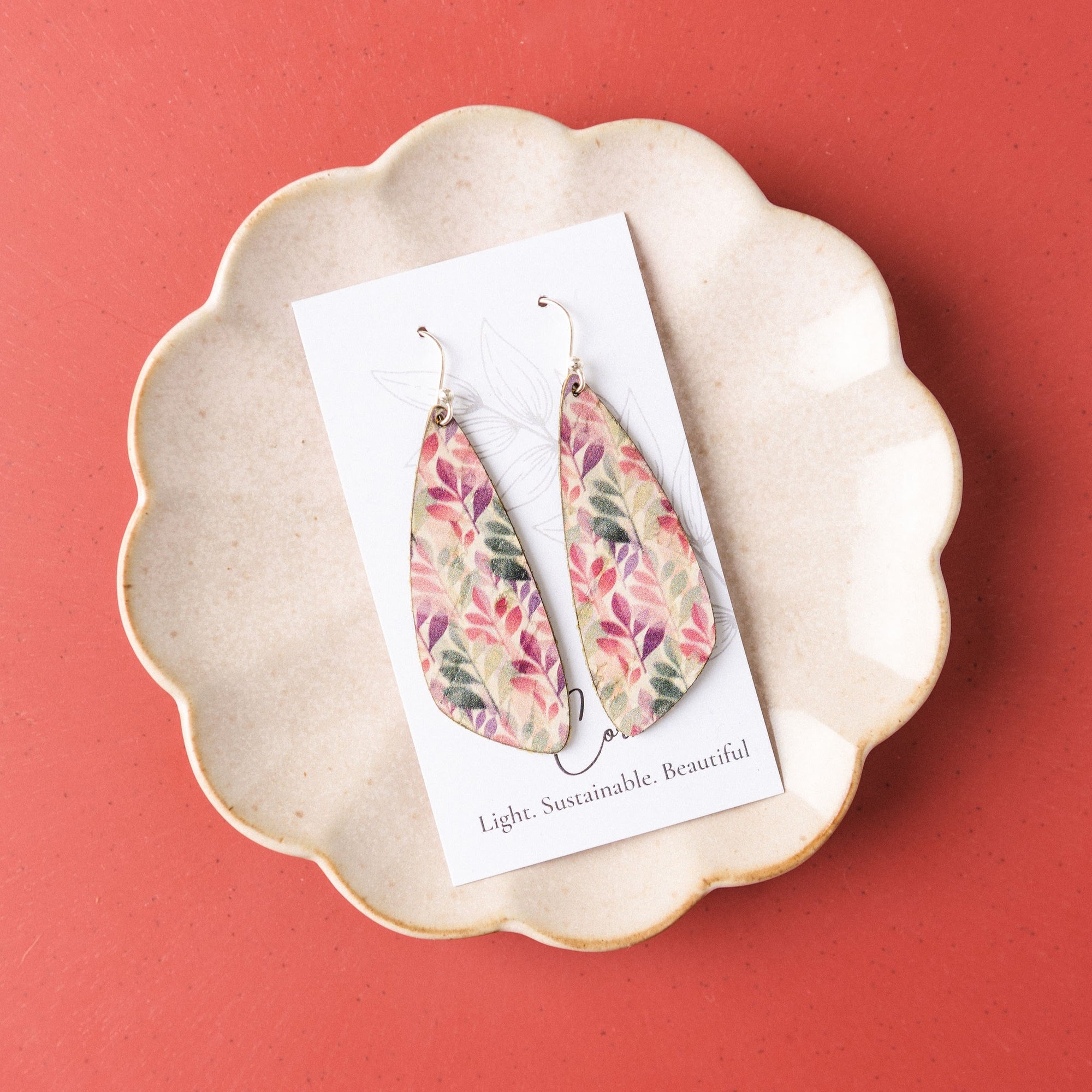 Green and Fuchsia Leaves Cork Earrings - Small Wing