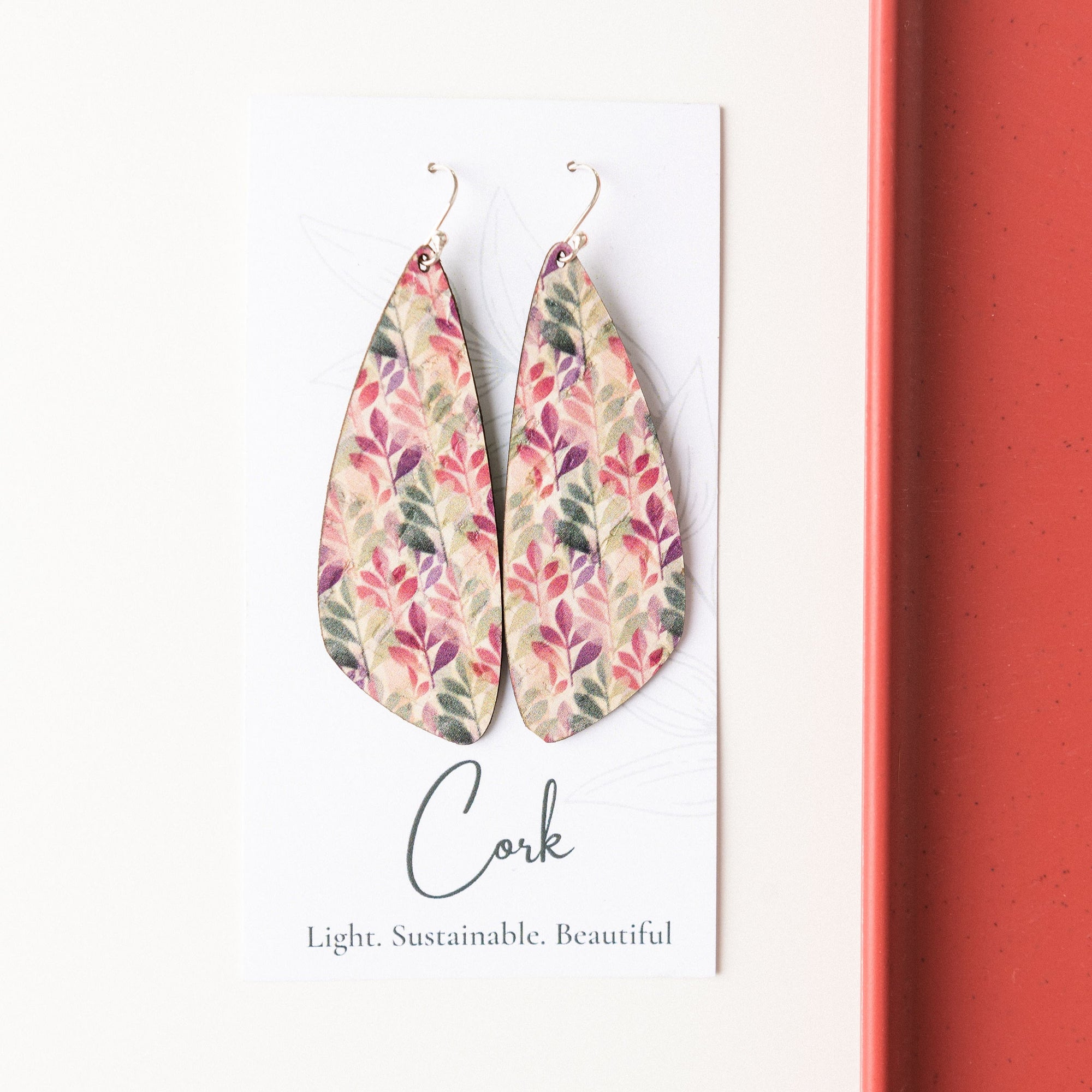 Green and Fuchsia Leaves Cork Earrings - Large Wing