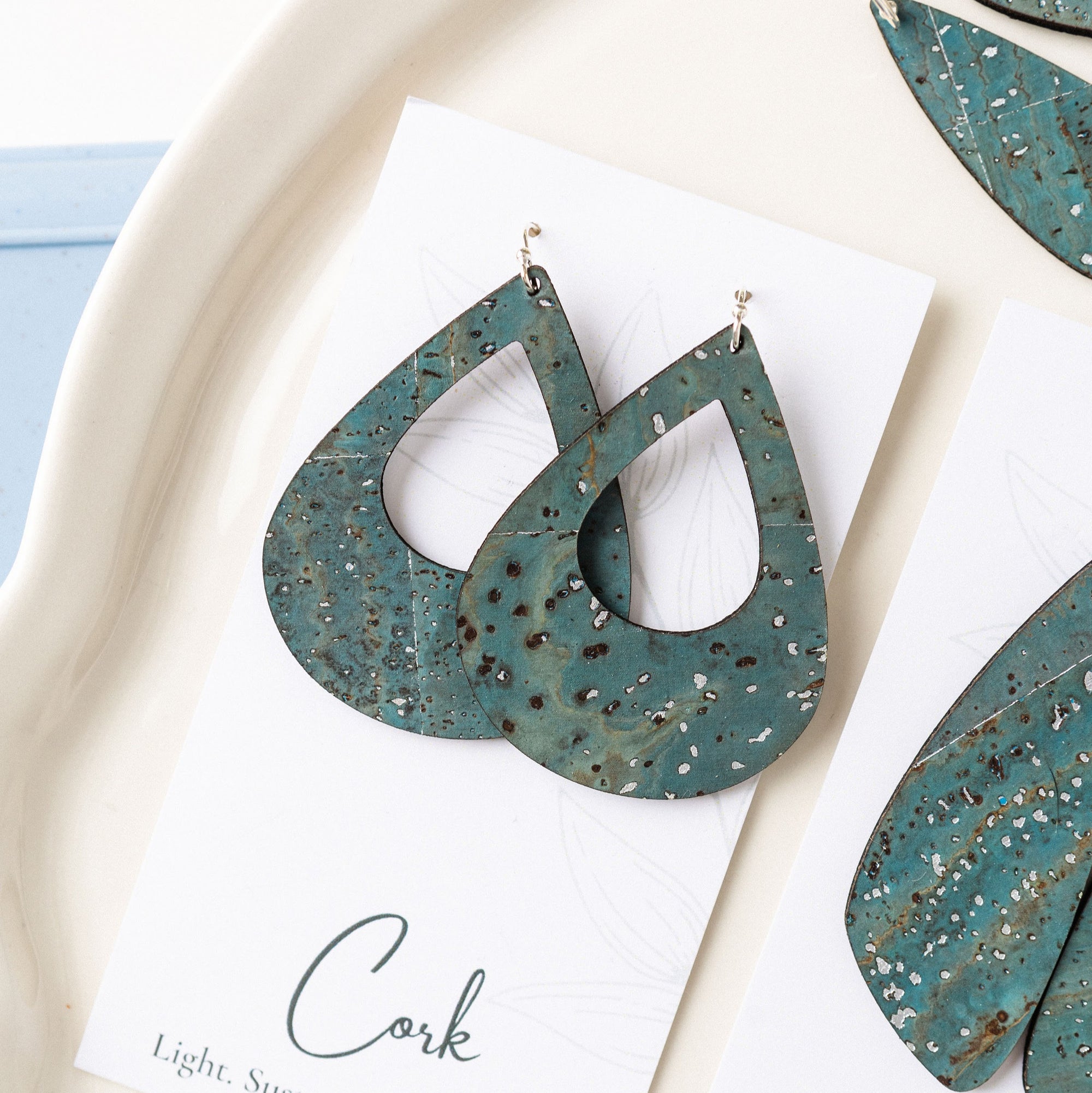 Sea Blue with Silver Flecks Cork Earrings - Large Teardrop