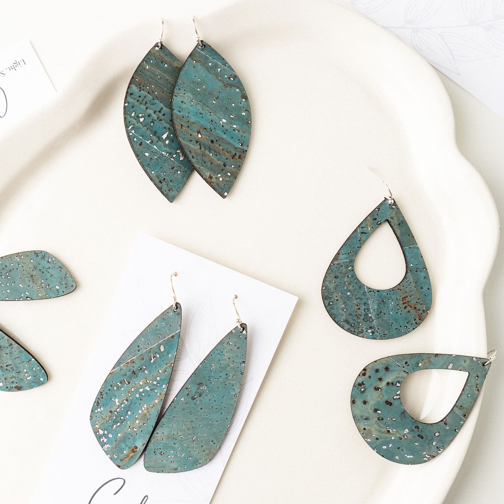 Sea Blue with Silver Flecks Cork Earrings - Large Wing