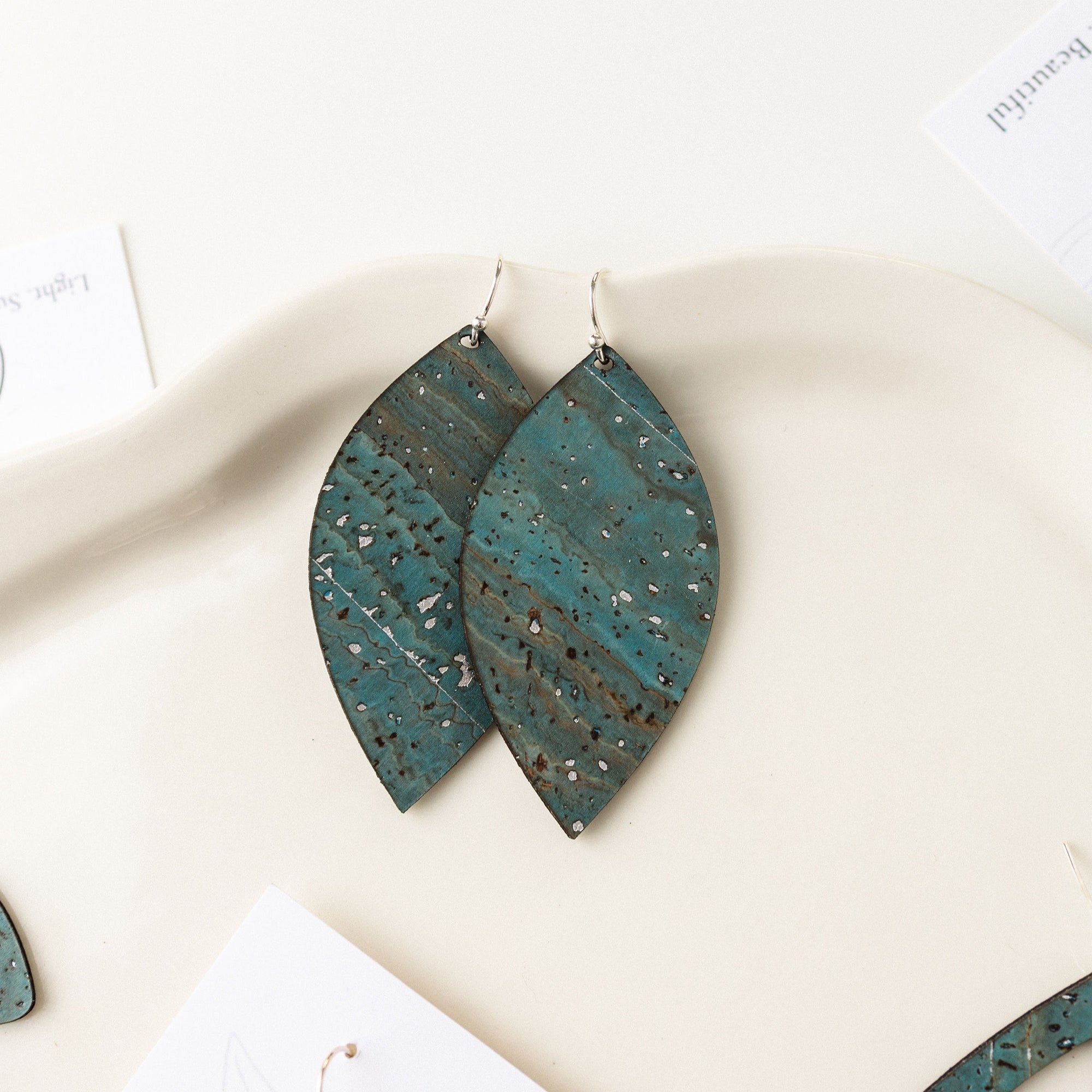 Sea Blue with Silver Flecks Cork Earrings - Large Leaf