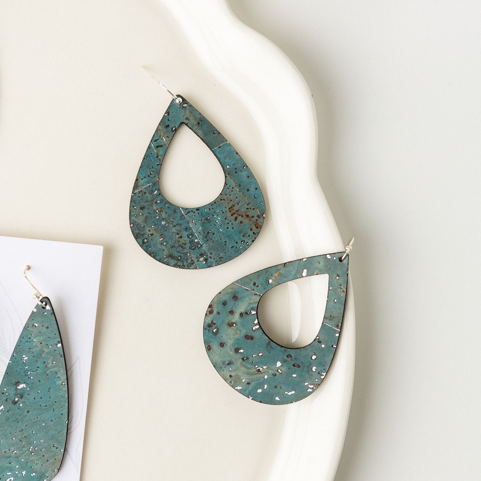 Sea Blue with Silver Flecks Cork Earrings - Large Teardrop