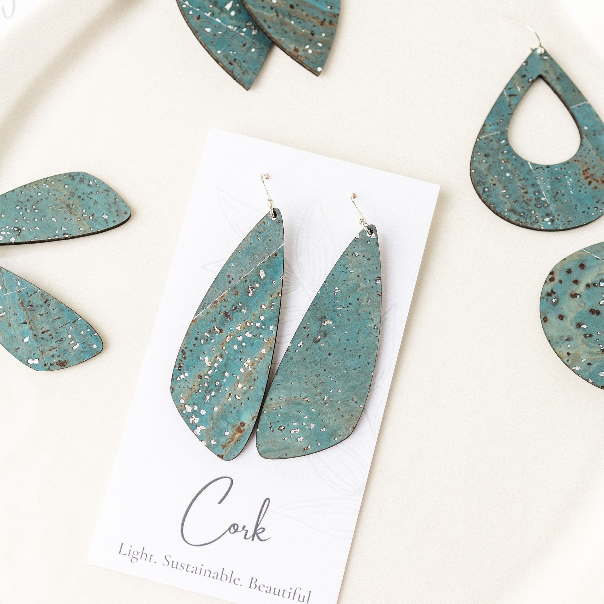 Sea Blue with Silver Flecks Cork Earrings - Large Wing