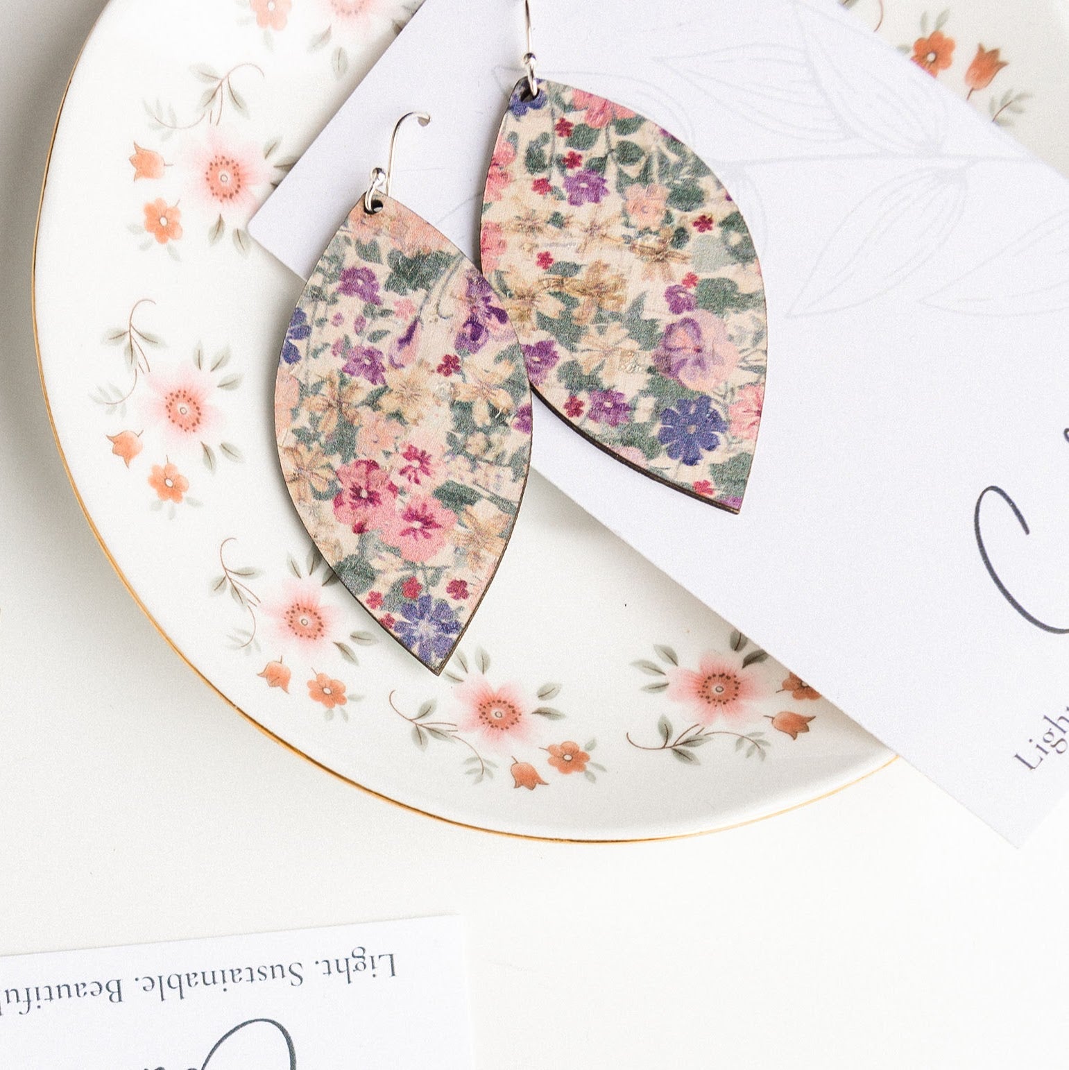 Pink Pansies Cork Earrings - Large Leaf
