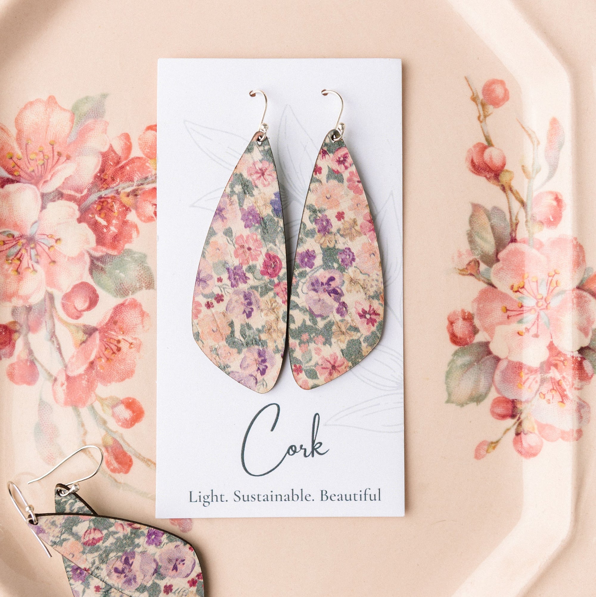 Pink Pansies Cork Earrings - Large Wing