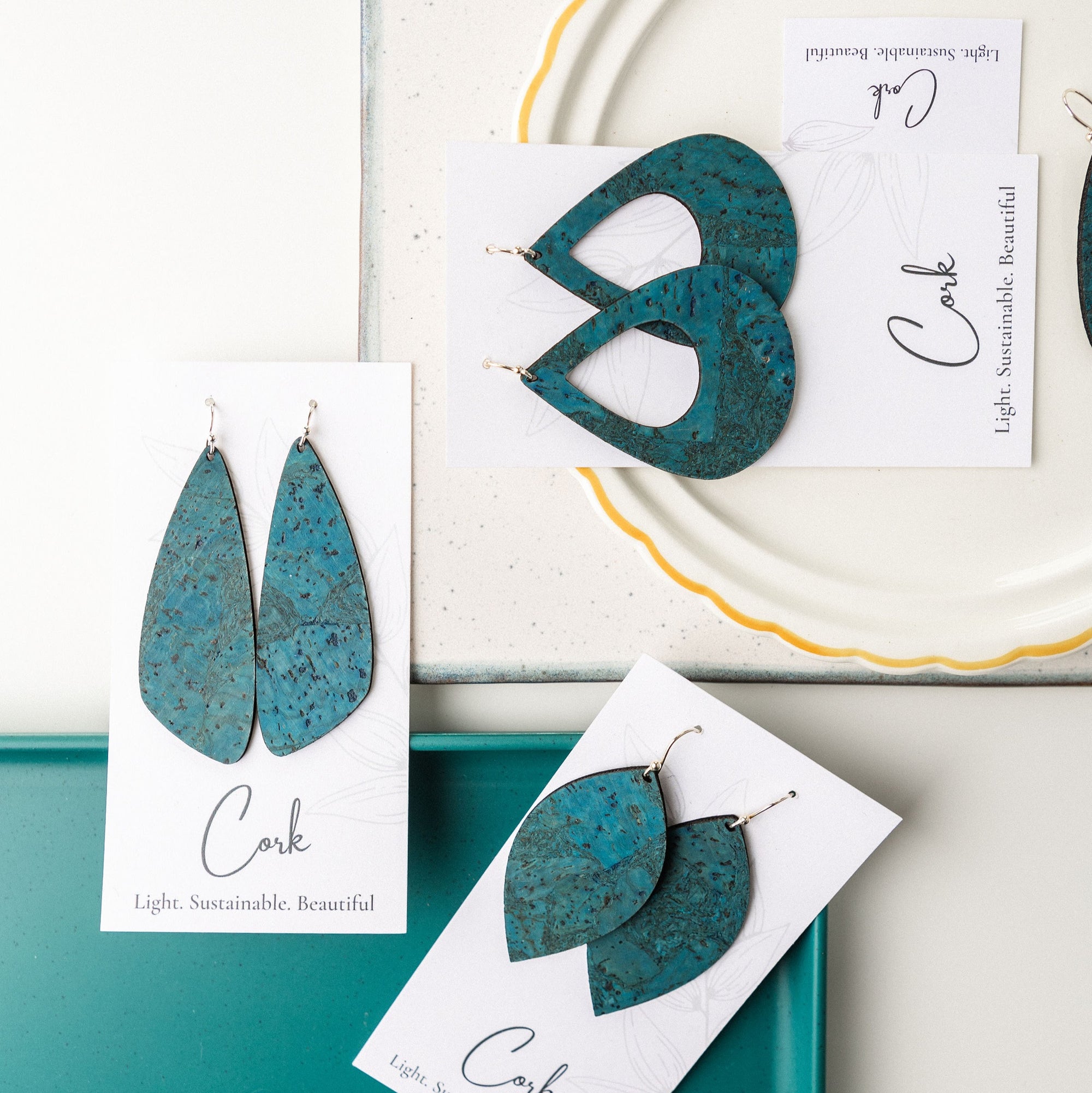 Deep Teal Cork Earrings - Large Wing