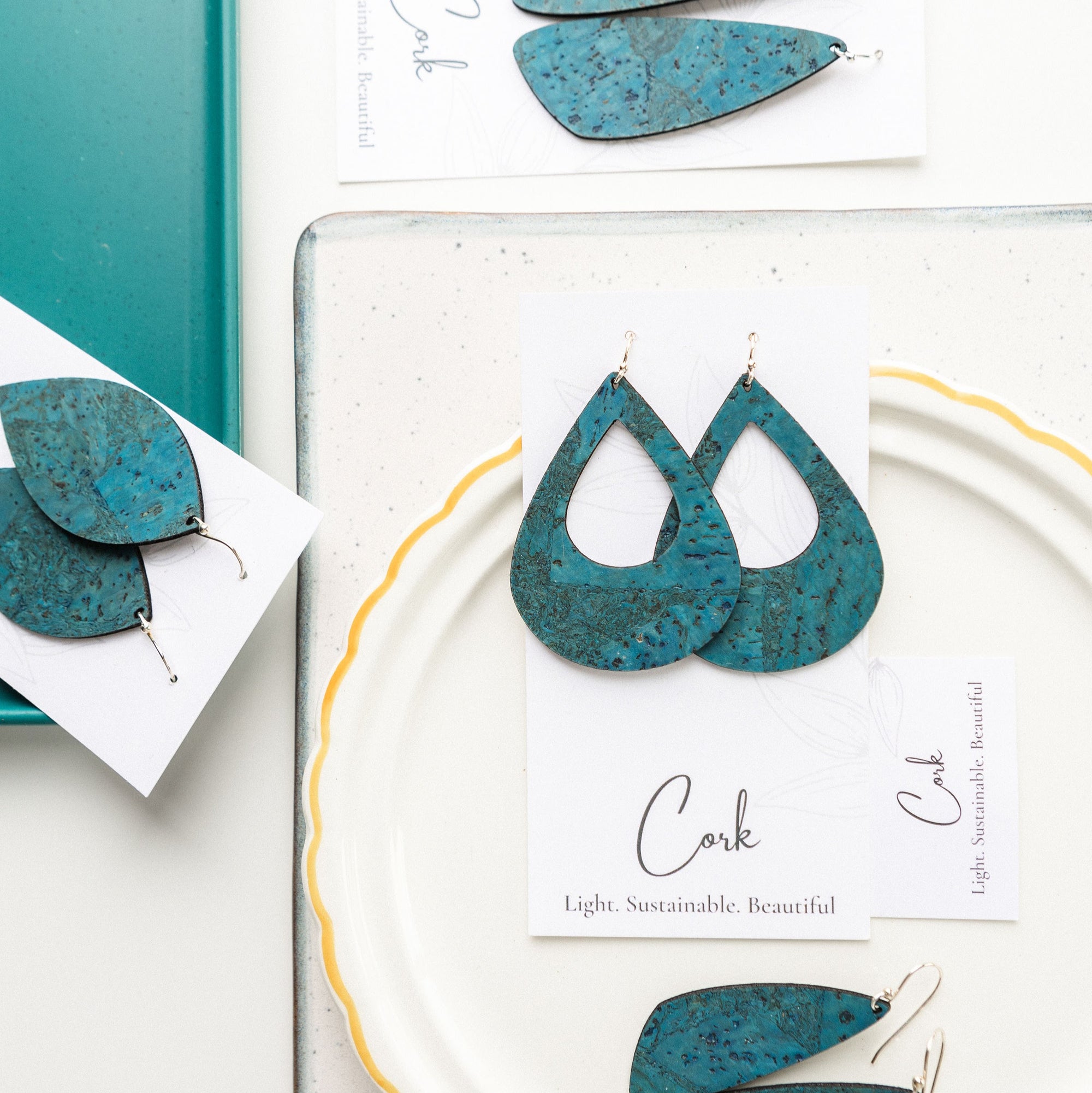 Deep Teal Cork Earrings - Large Teardrop