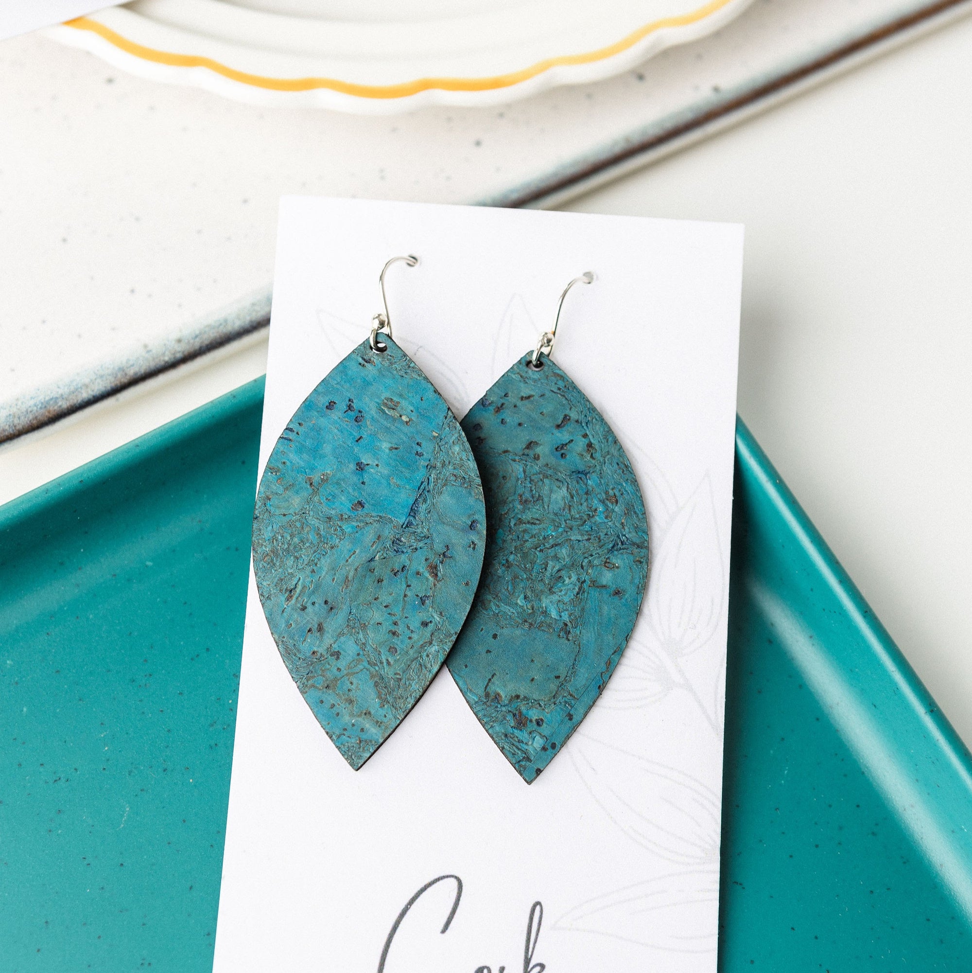 Deep Teal Cork Earrings - Large Leaf