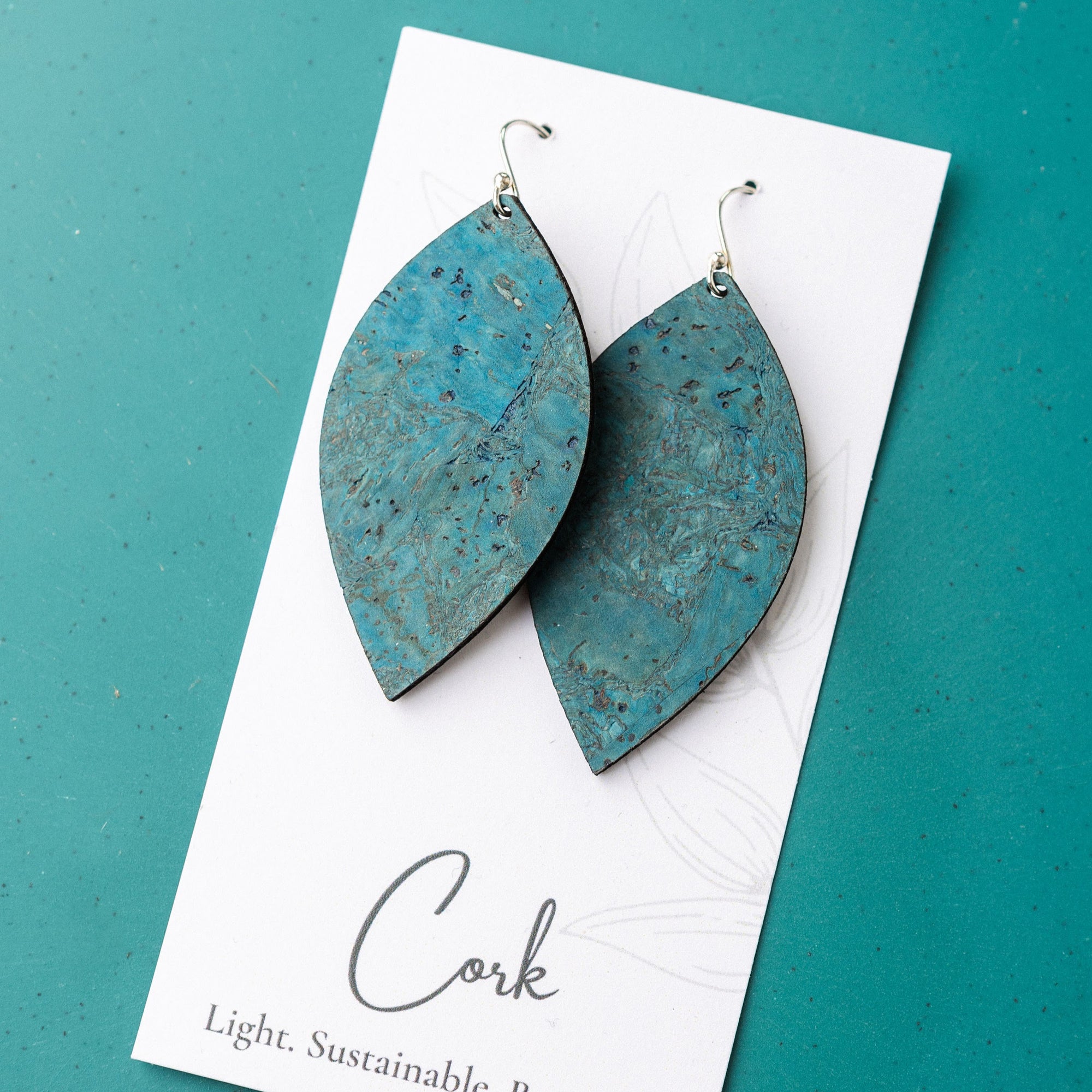 Deep Teal Cork Earrings - Large Leaf