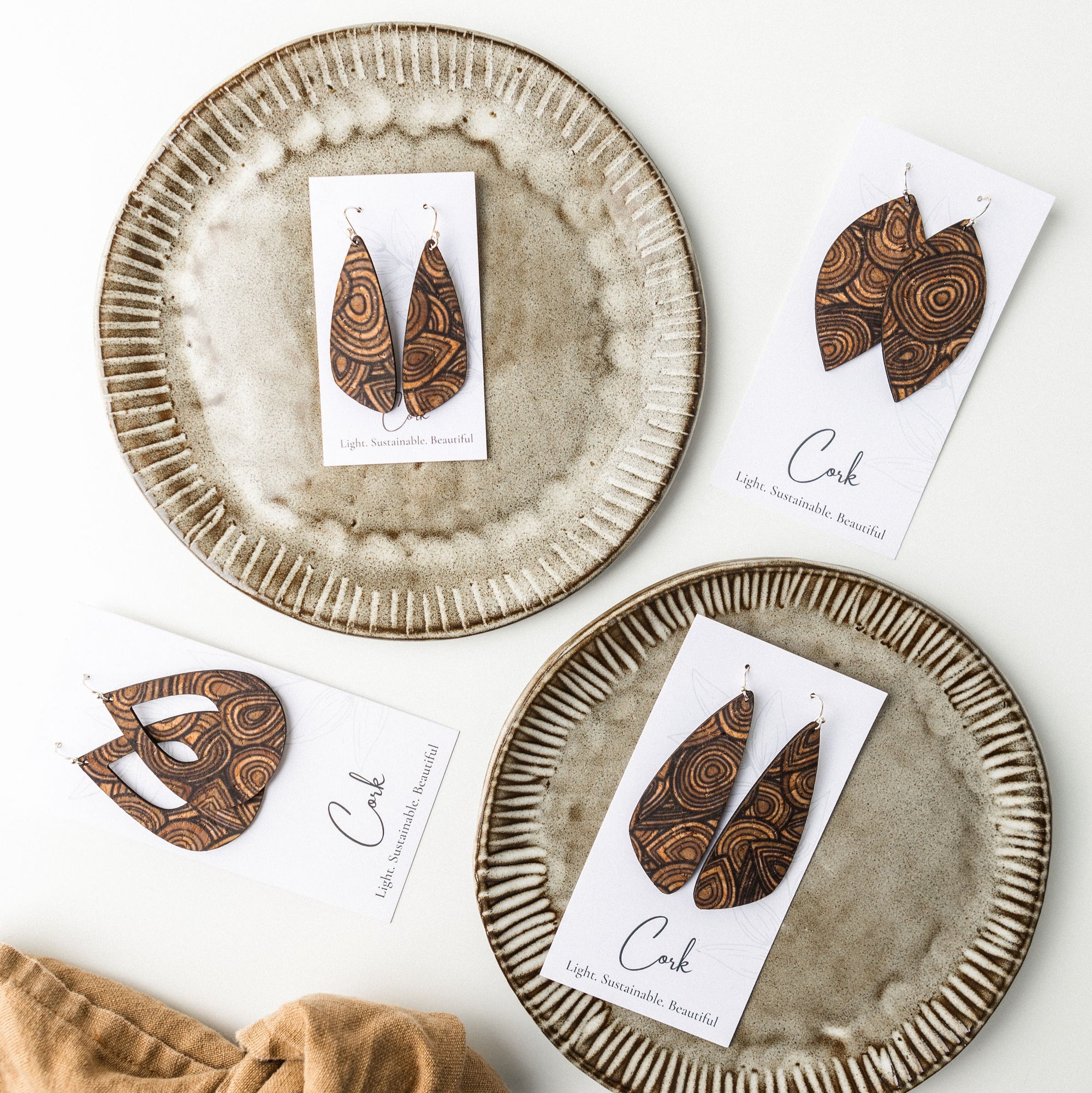 Natural with Wood Grain Cork Earrings - Large Wing