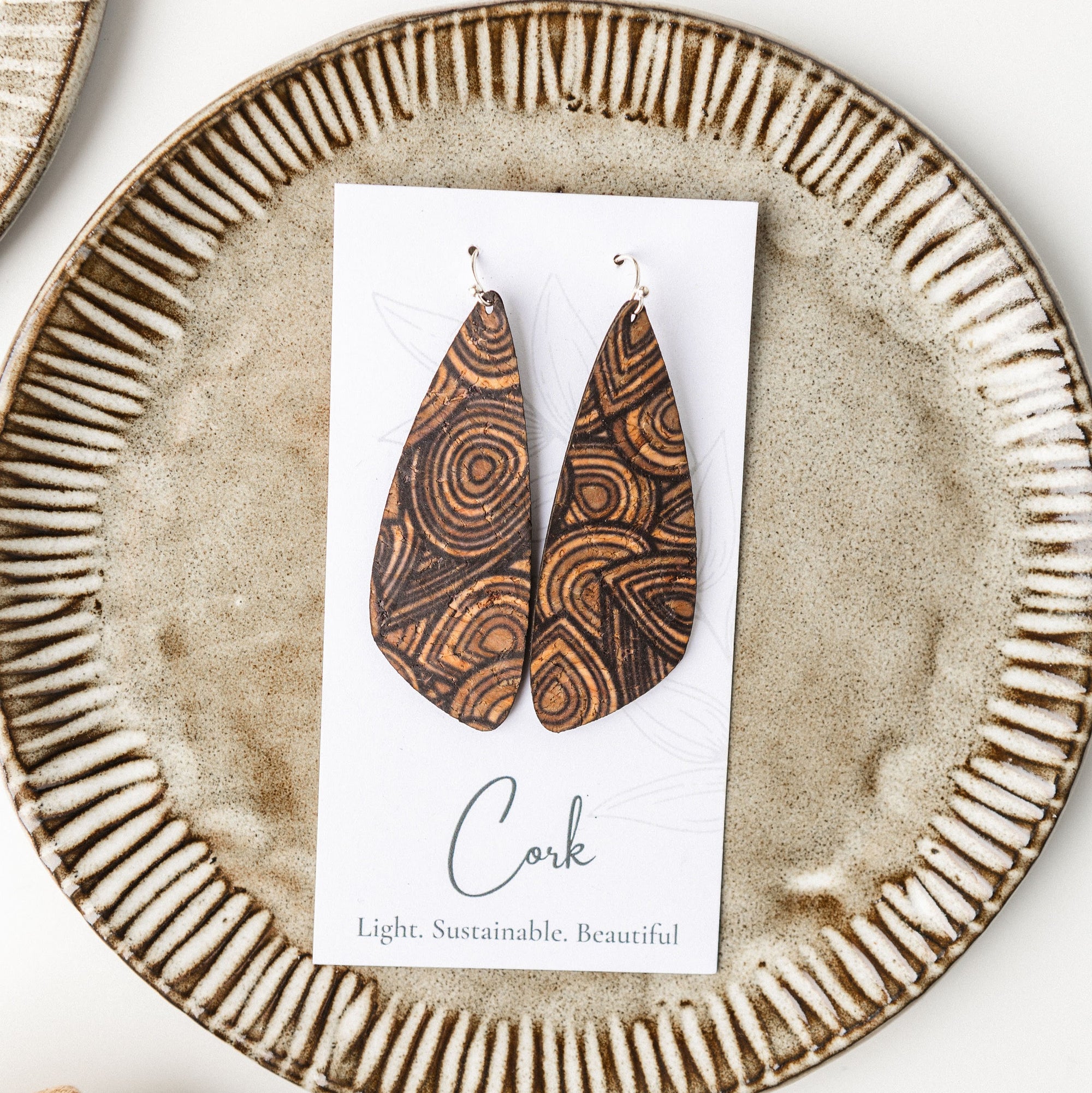 Natural with Wood Grain Cork Earrings - Large Wing