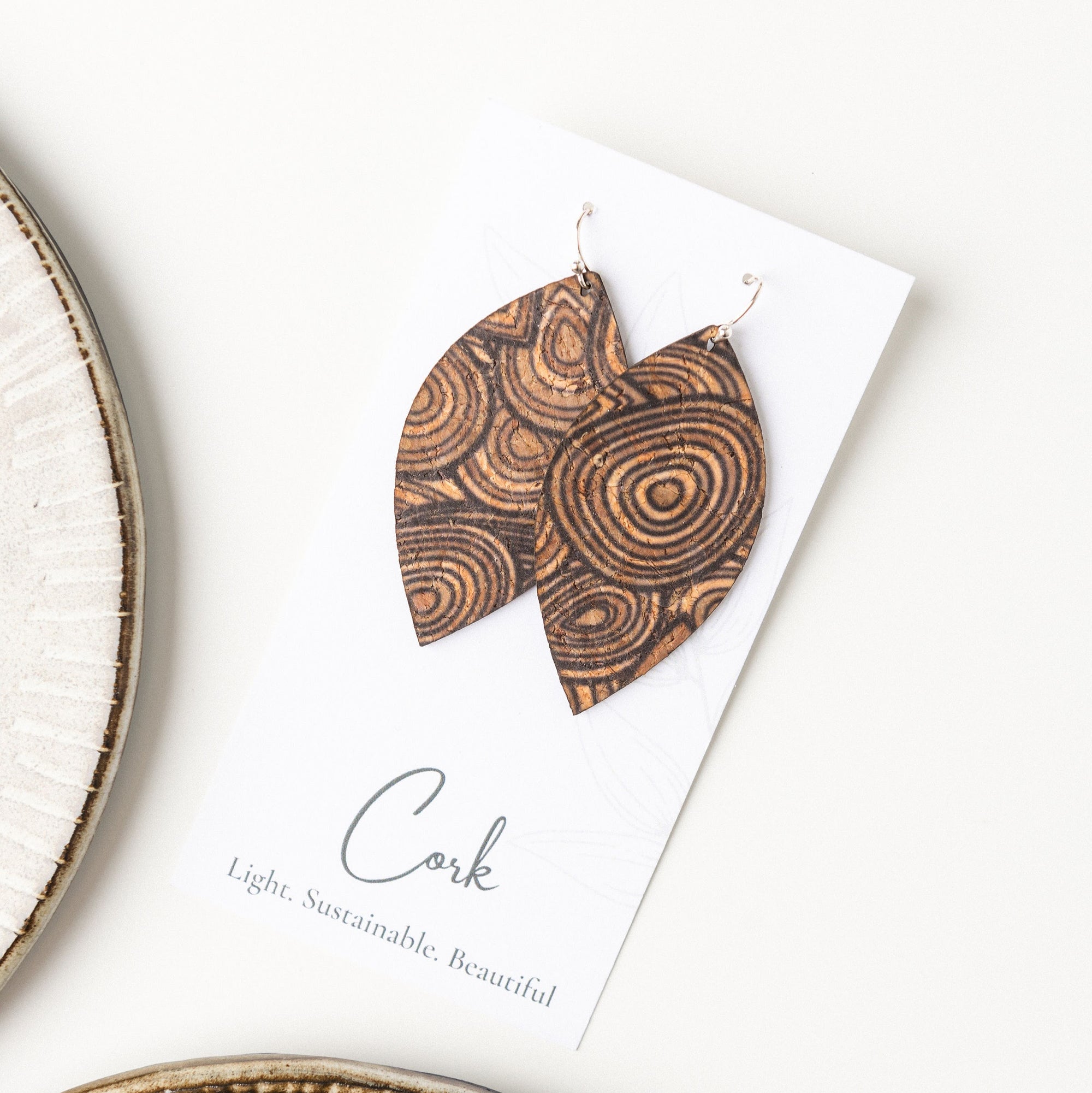 Natural with Wood Grain Cork Earrings - Large Leaf