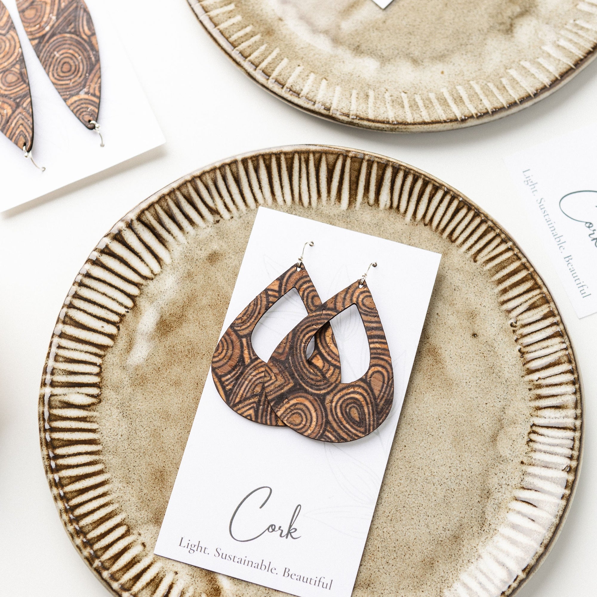 Natural with Wood Grain Cork Earrings - Large Teardrop