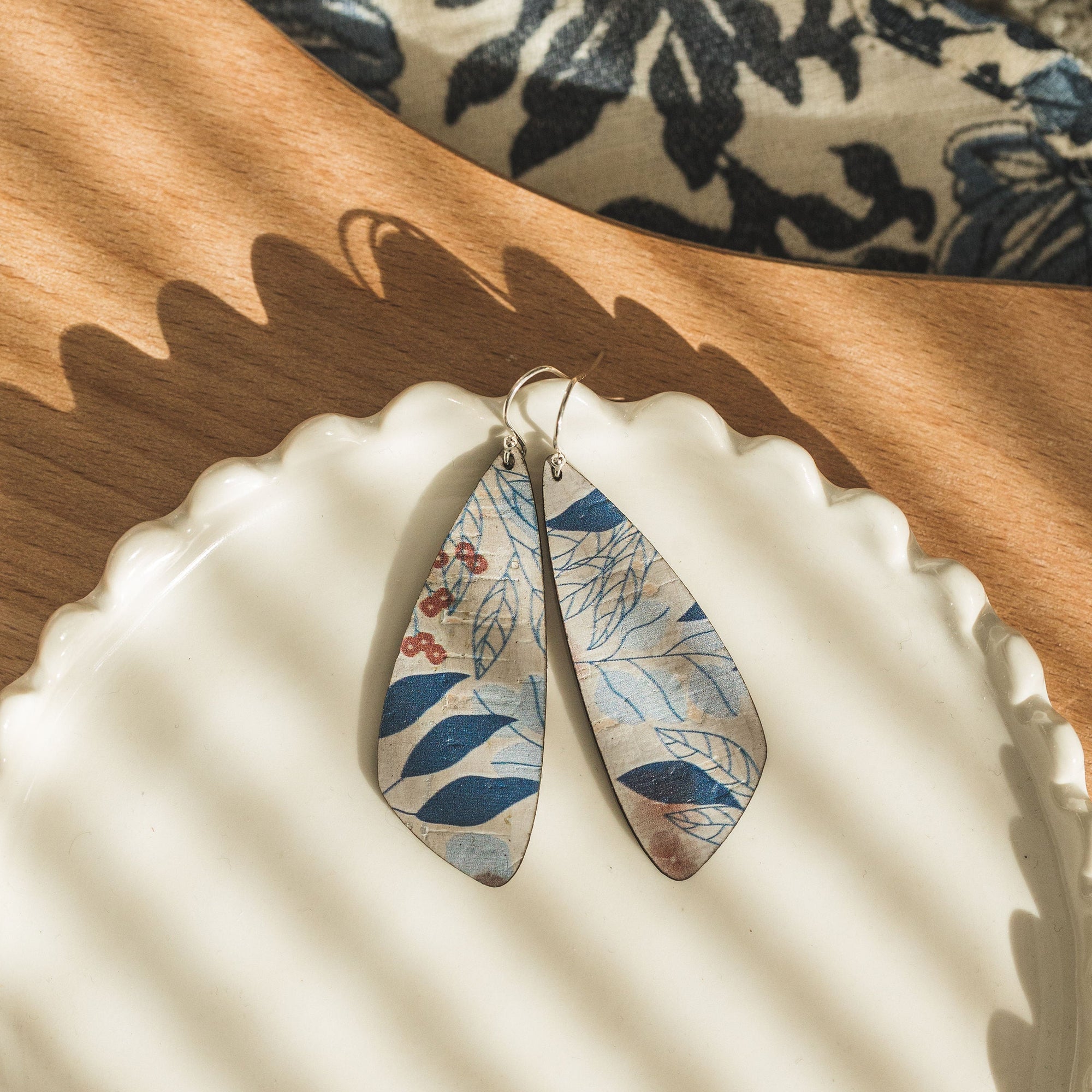 Blue Fall Leaves Cork Earrings - Small Wing
