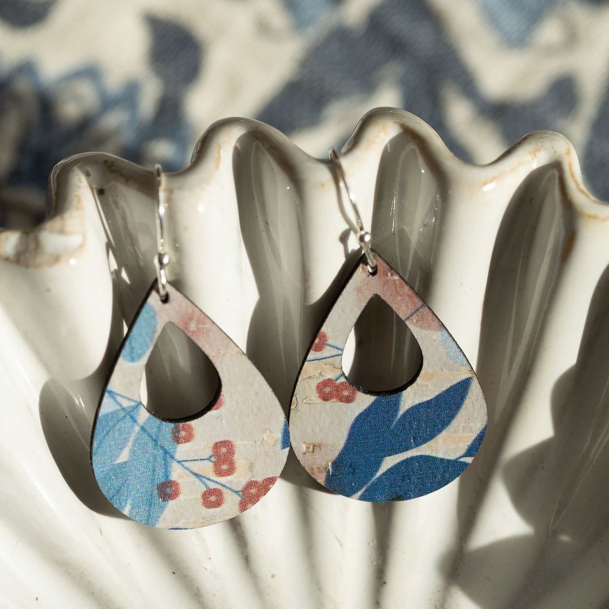 Blue Fall Leaves Cork Earrings - Small Teardrop