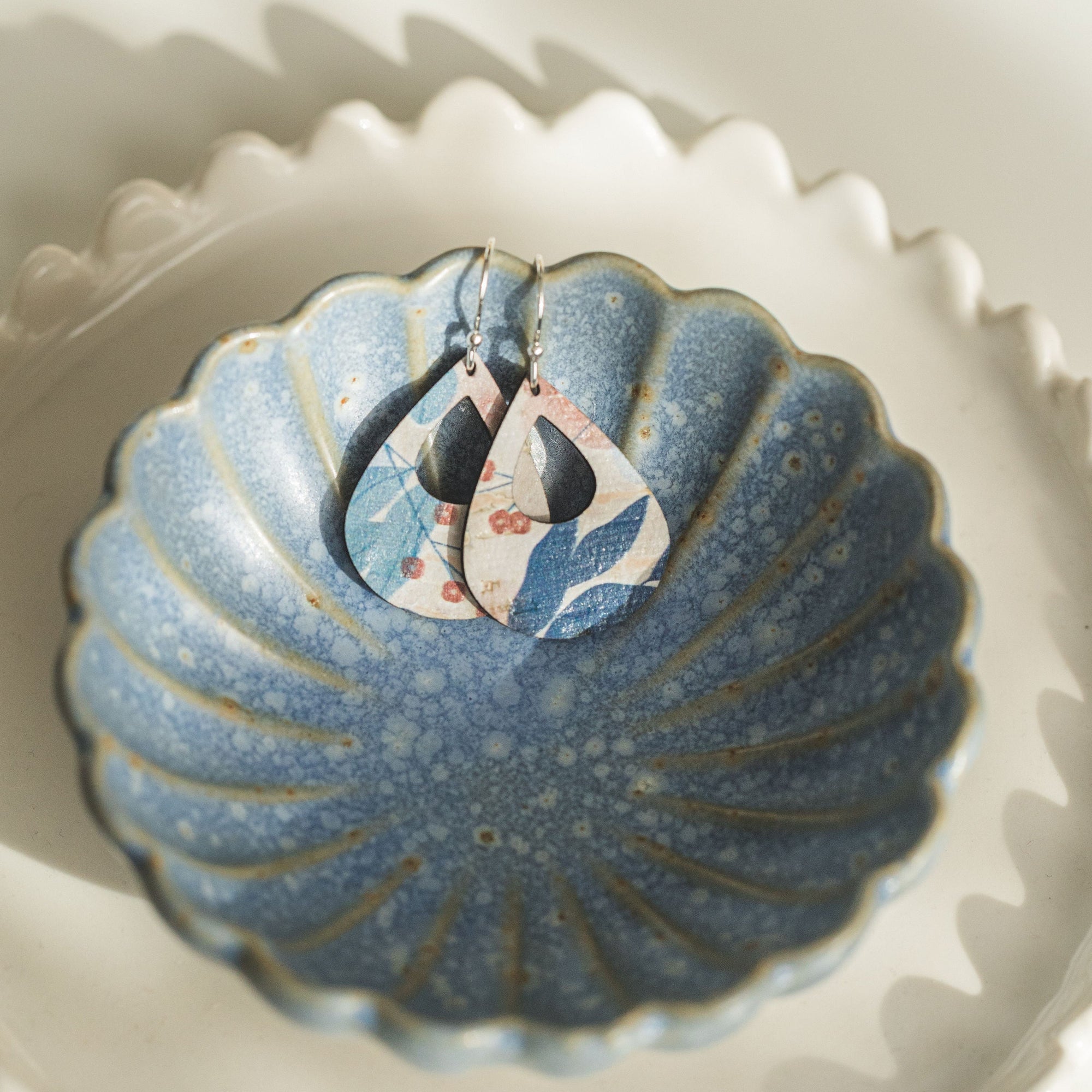 Blue Fall Leaves Cork Earrings - Small Teardrop