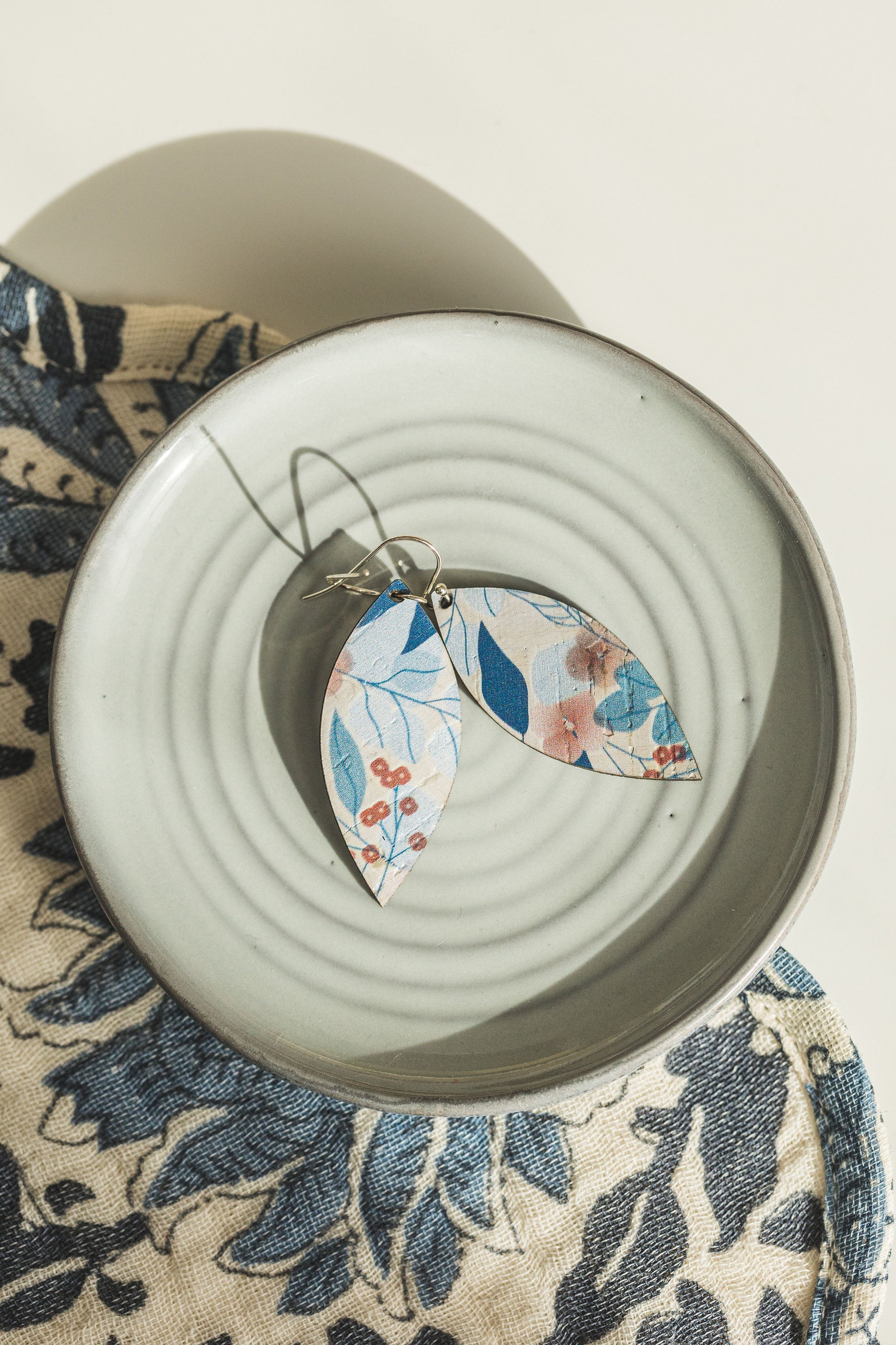 Blue Fall Leaves Cork Earrings - Small Leaf
