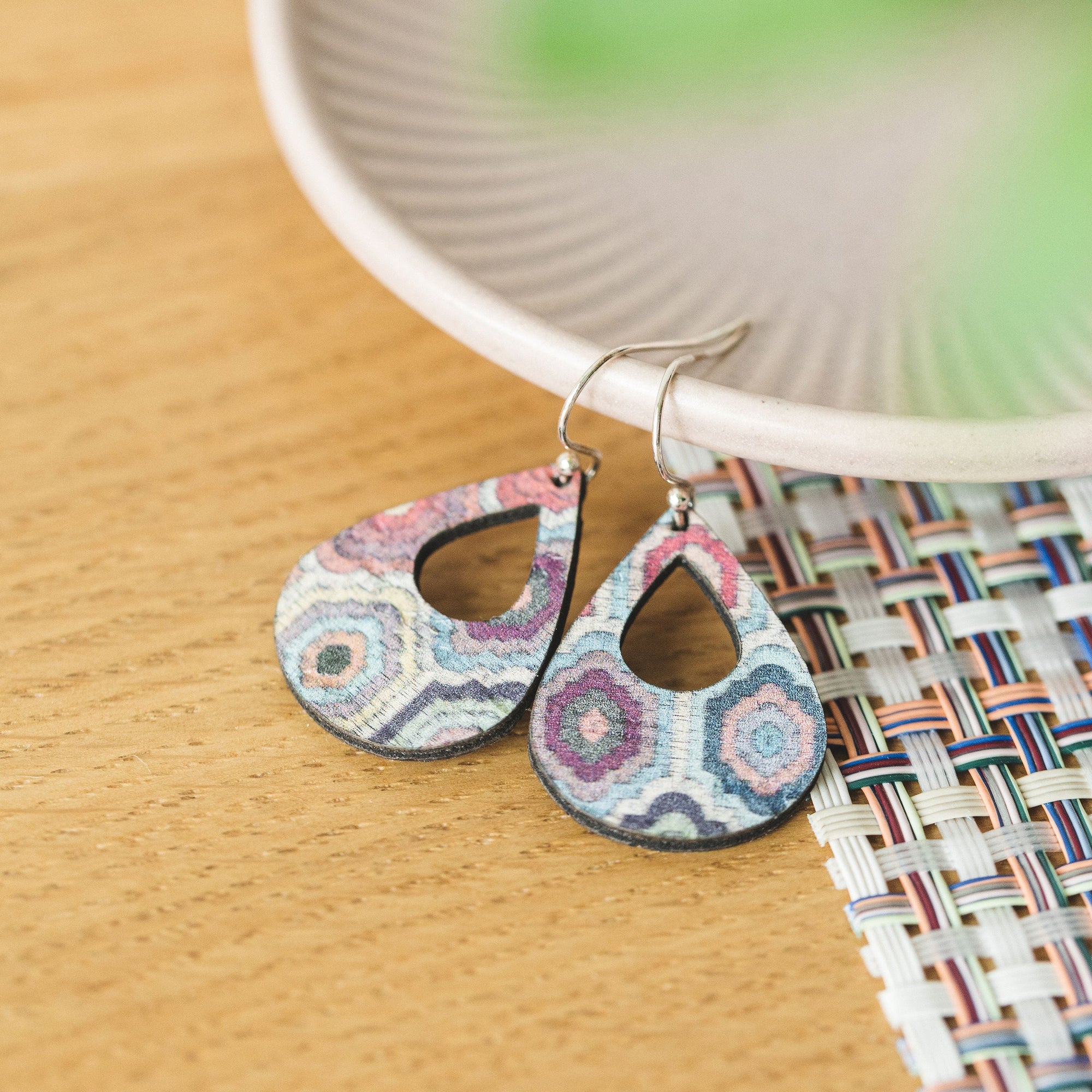 Embroidered Hexagons Cork Earrings - Small Teardrop