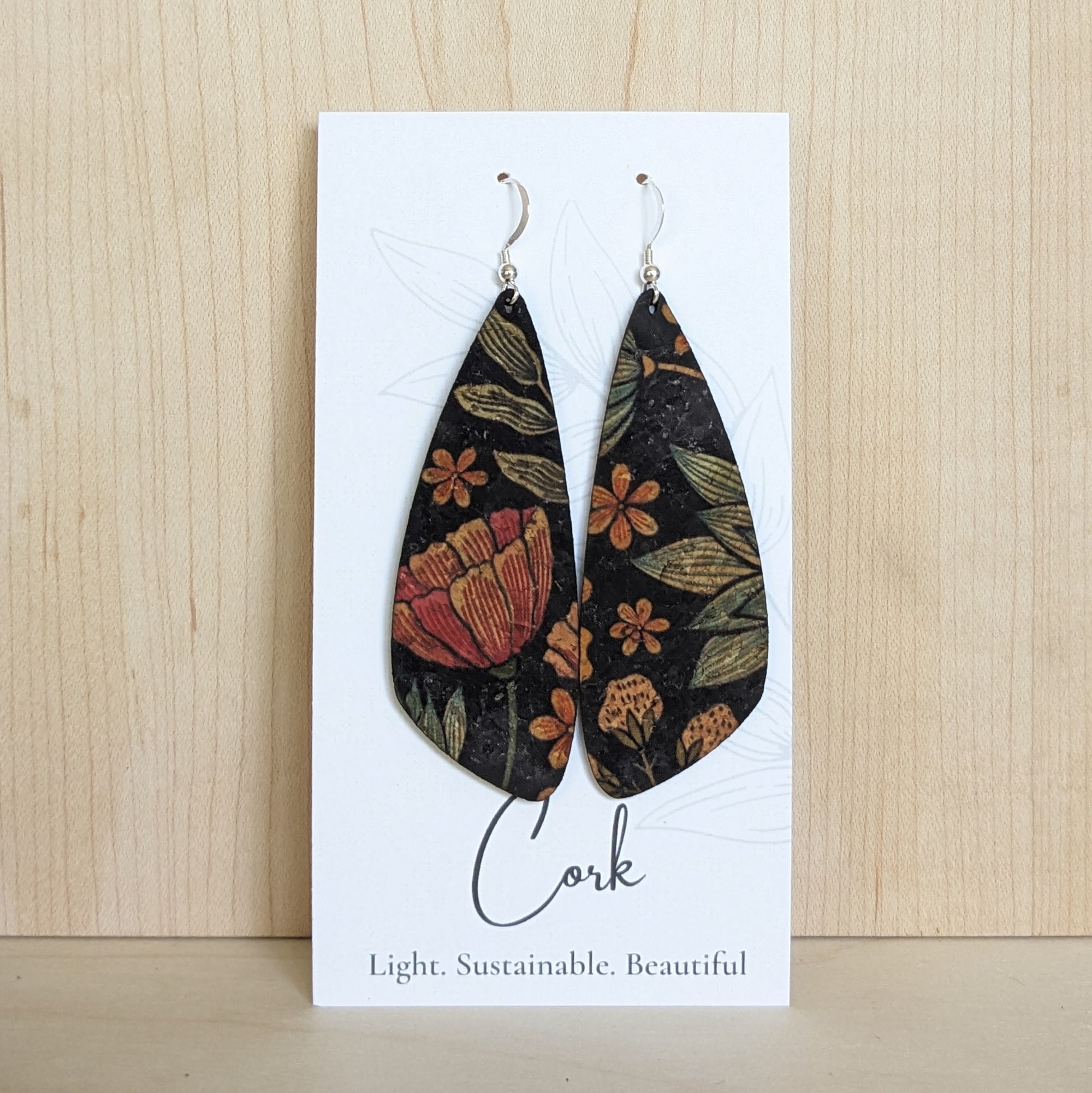 Floral on Black Cork Earrings - Large Wing