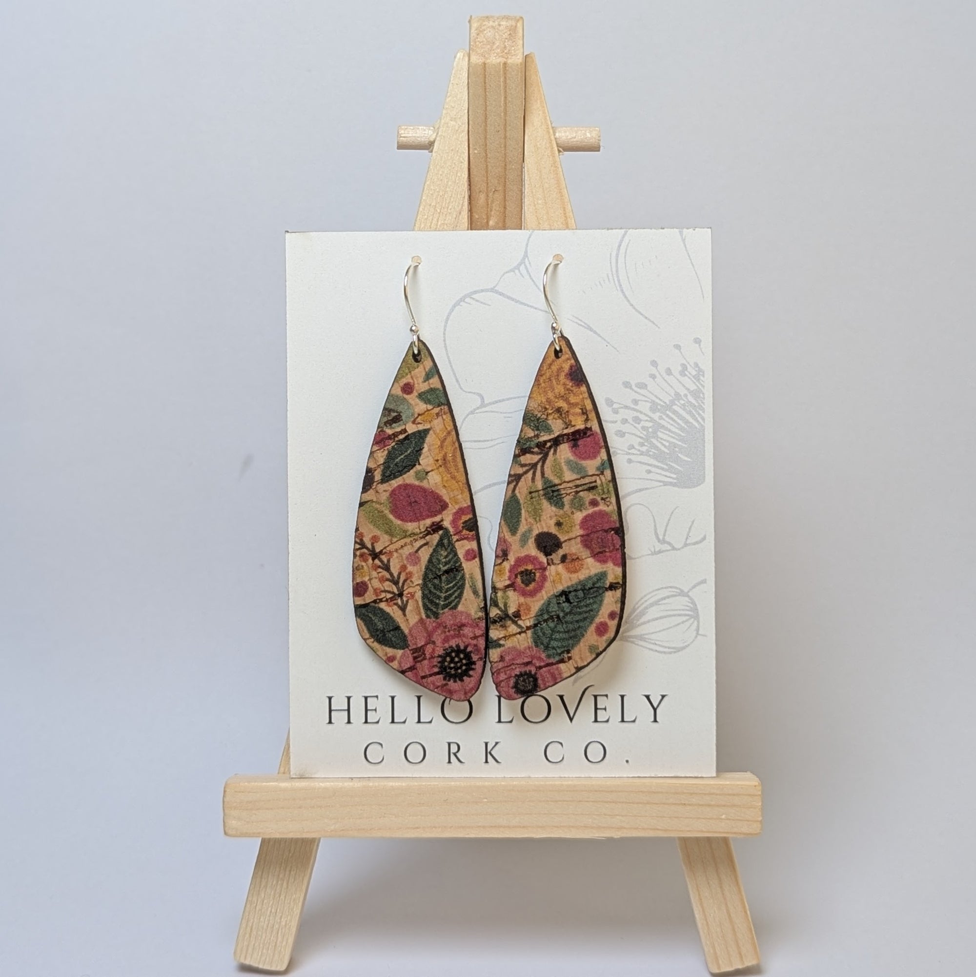 Green and Pink Floral Cork Earrings - Small Wing