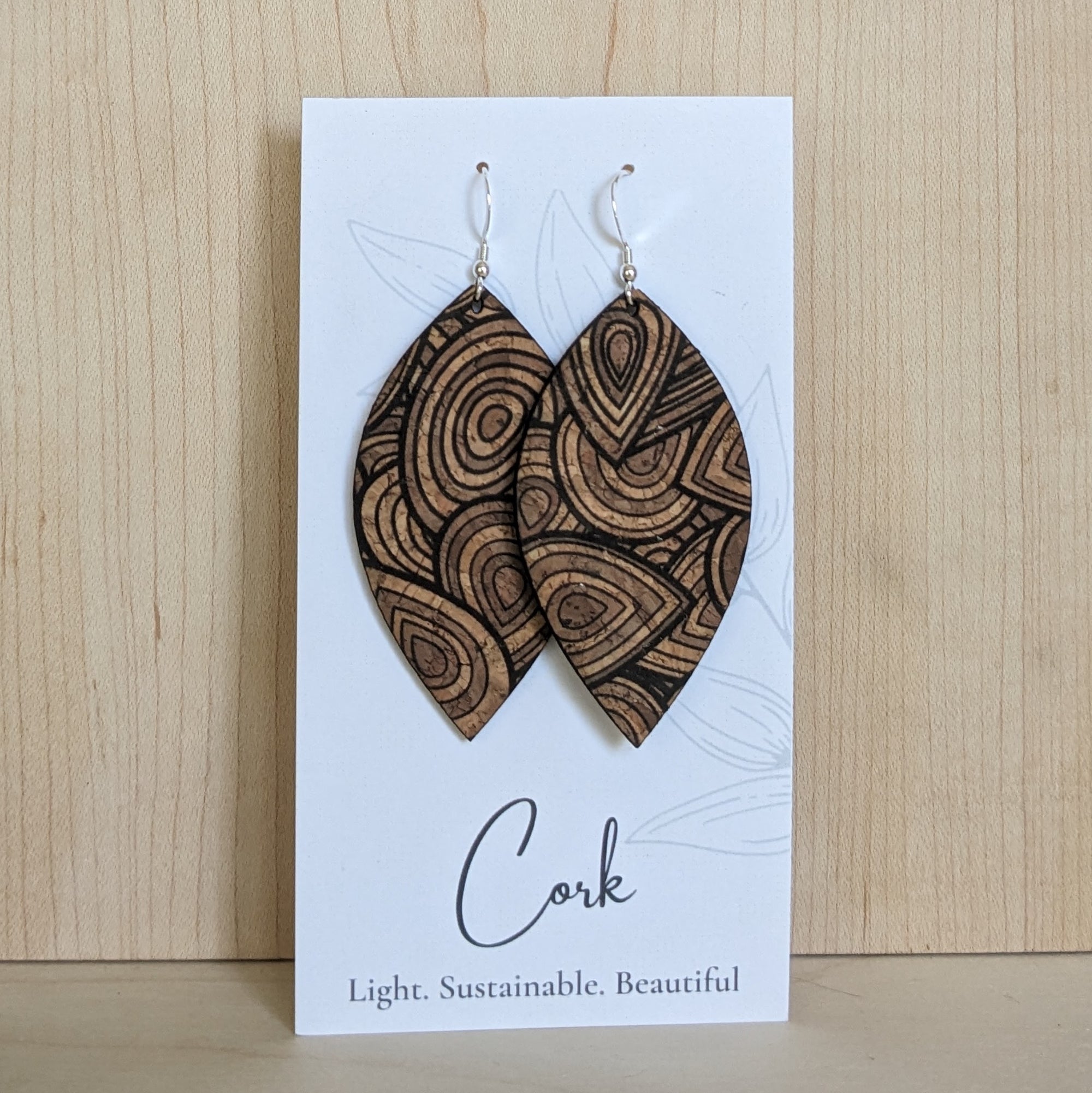 Natural with Wood Grain Cork Earrings - Large Leaf
