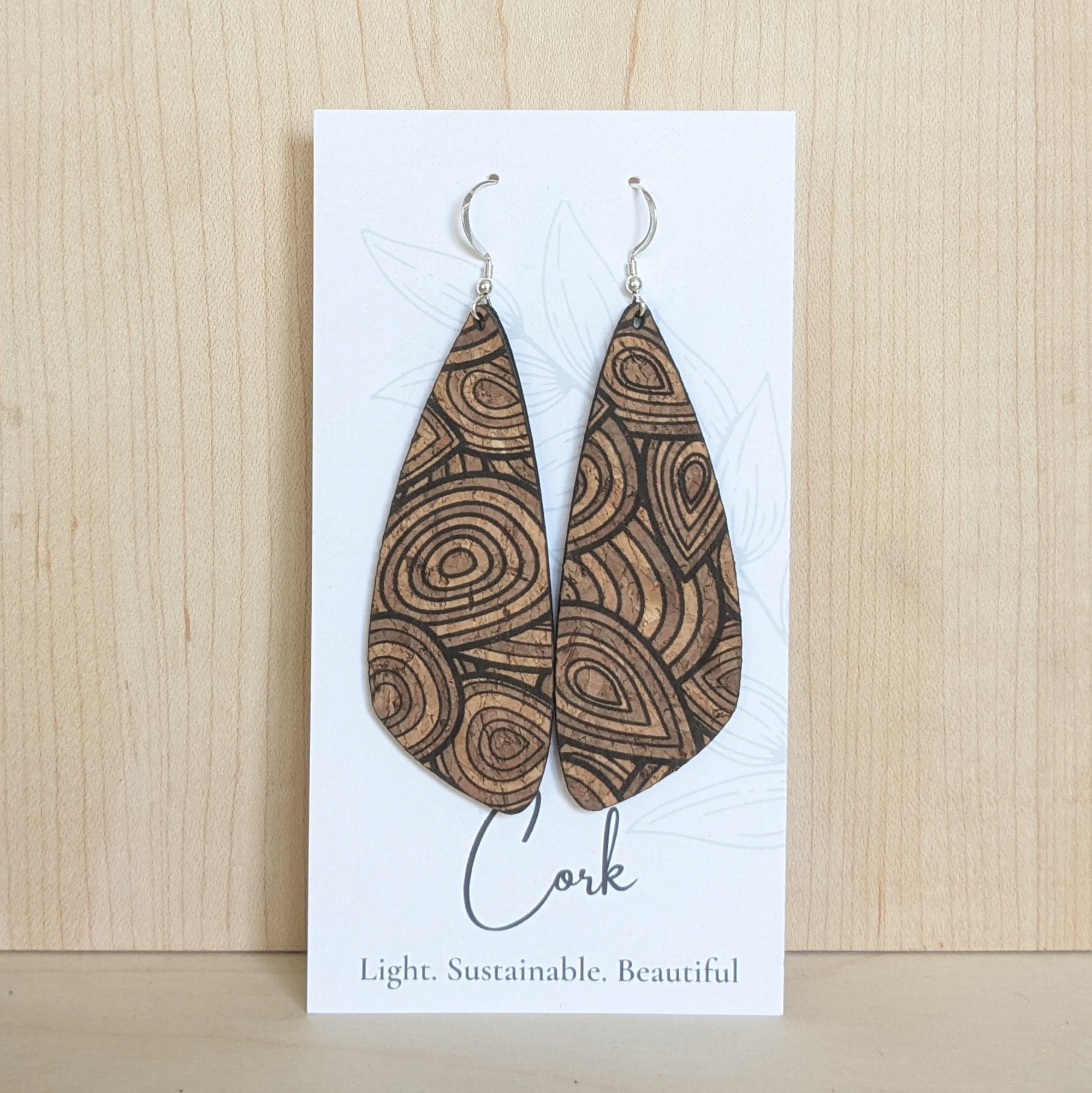 Natural with Wood Grain Cork Earrings - Large Wing