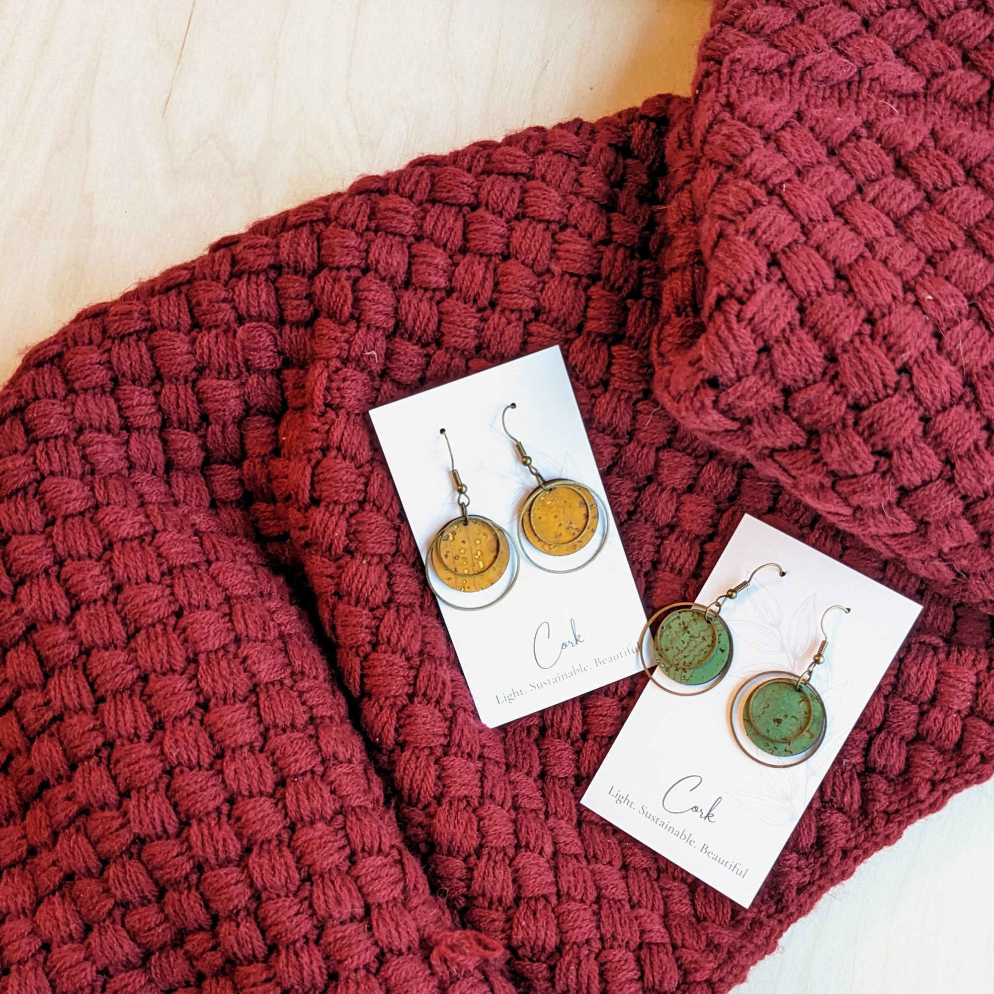 Circle Cork and Brass Earrings - Ochre Yellow