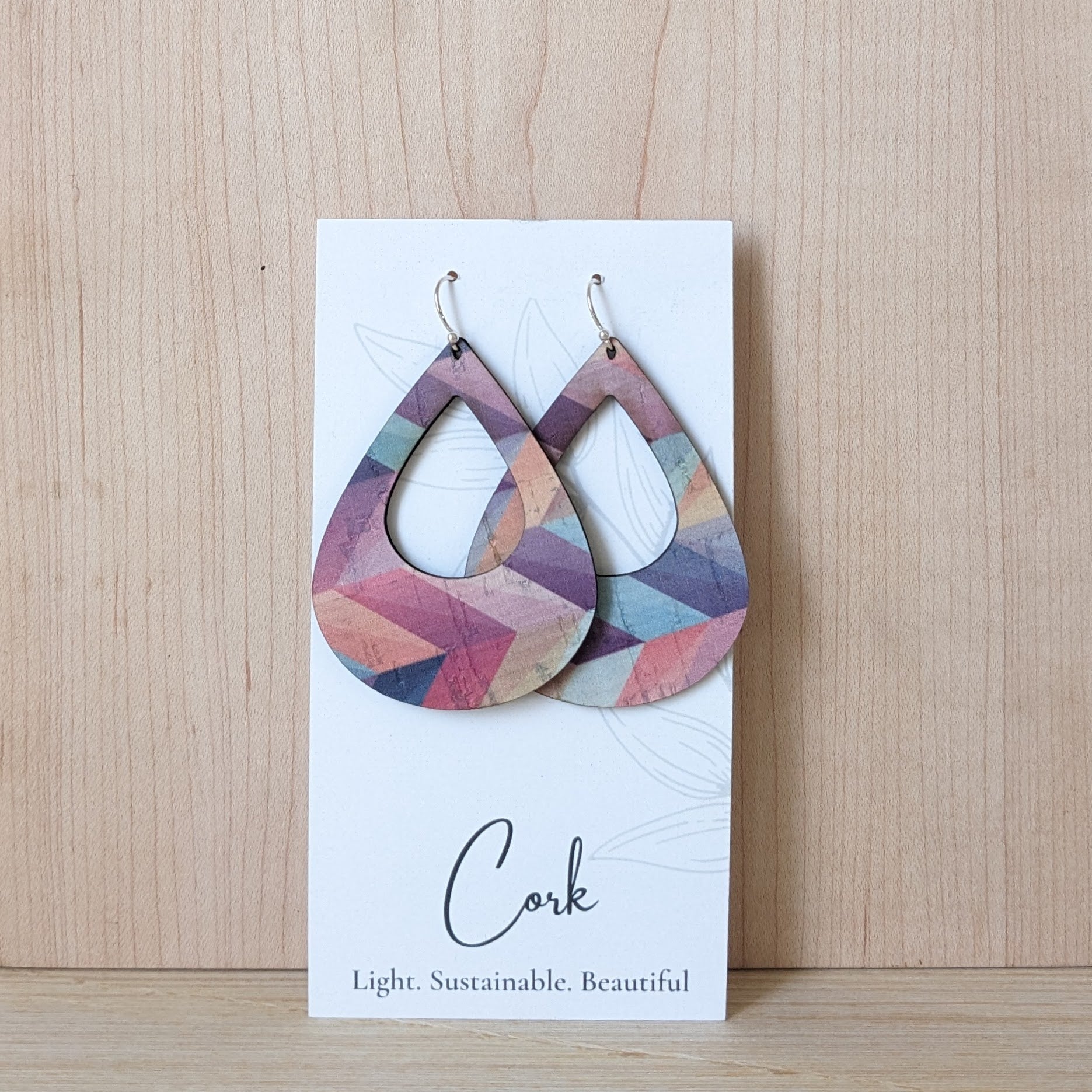Pink Herringbone Cork Earrings - Large Teardrop