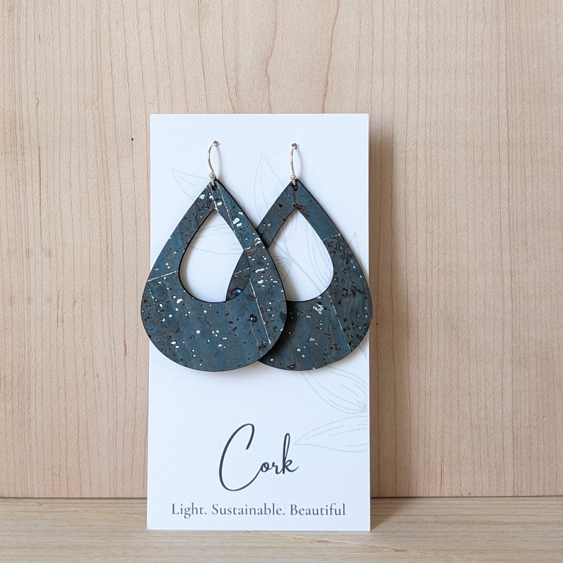 Sea Blue with Silver Flecks Cork Earrings - Large Teardrop