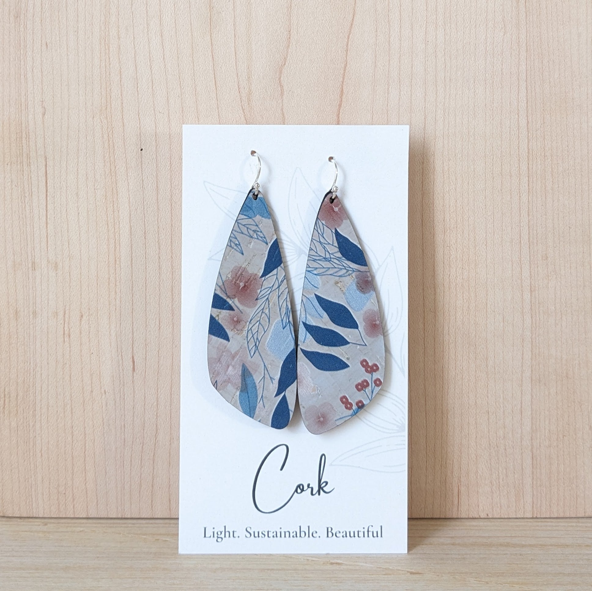 Blue Fall Leaves Cork Earrings - Large Wing