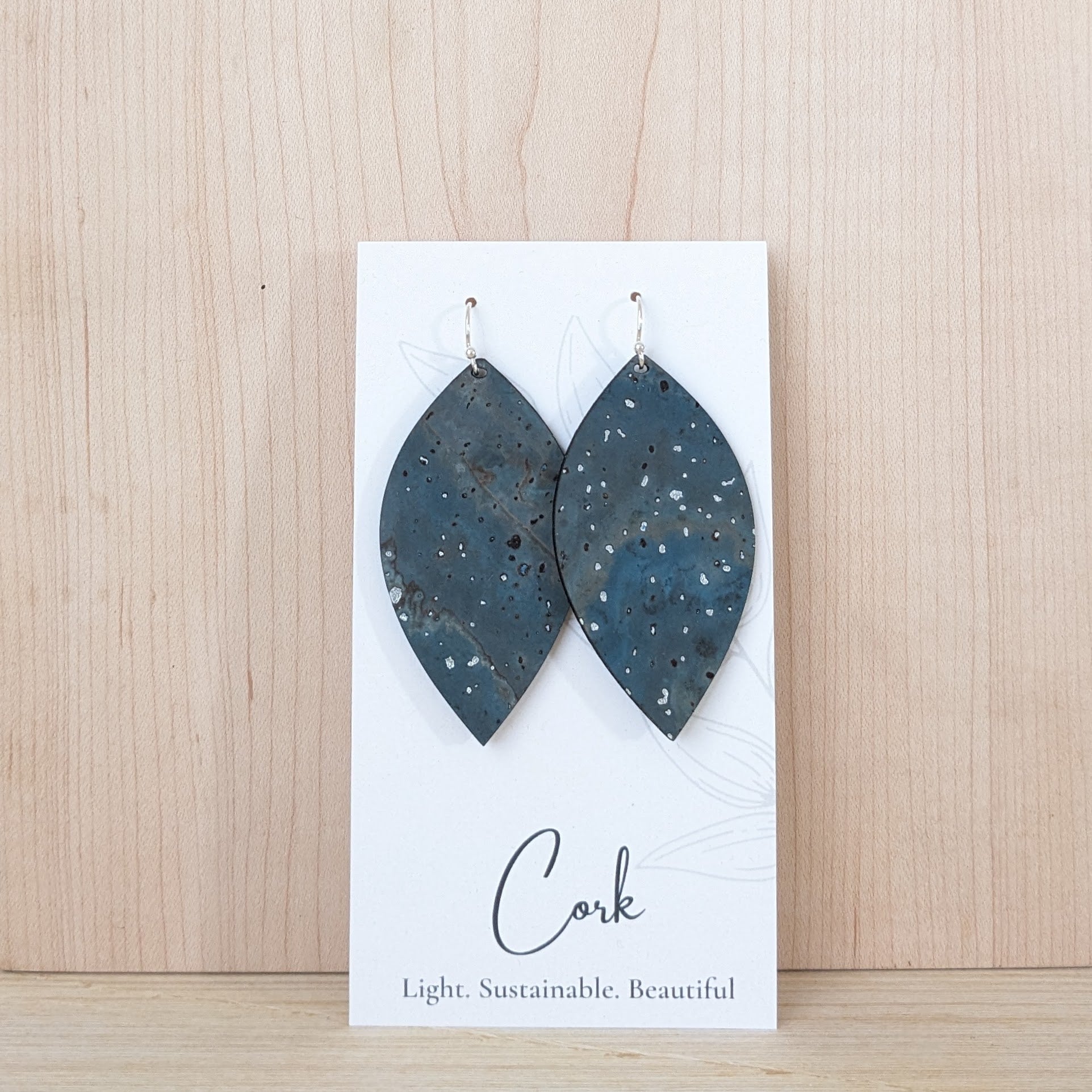 Sea Blue with Silver Flecks Cork Earrings - Large Leaf