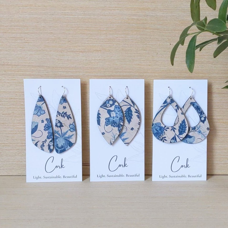 Blue and White Floral Cork Earrings - Large Wing