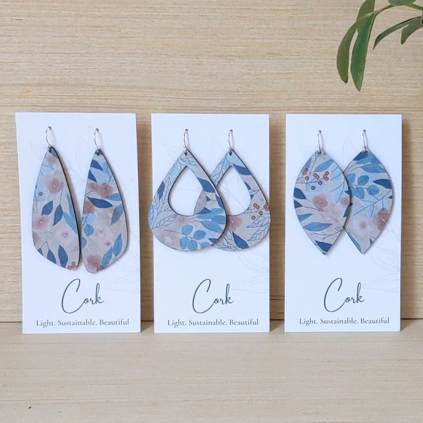 Blue Fall Leaves Cork Earrings - Large Teardrop
