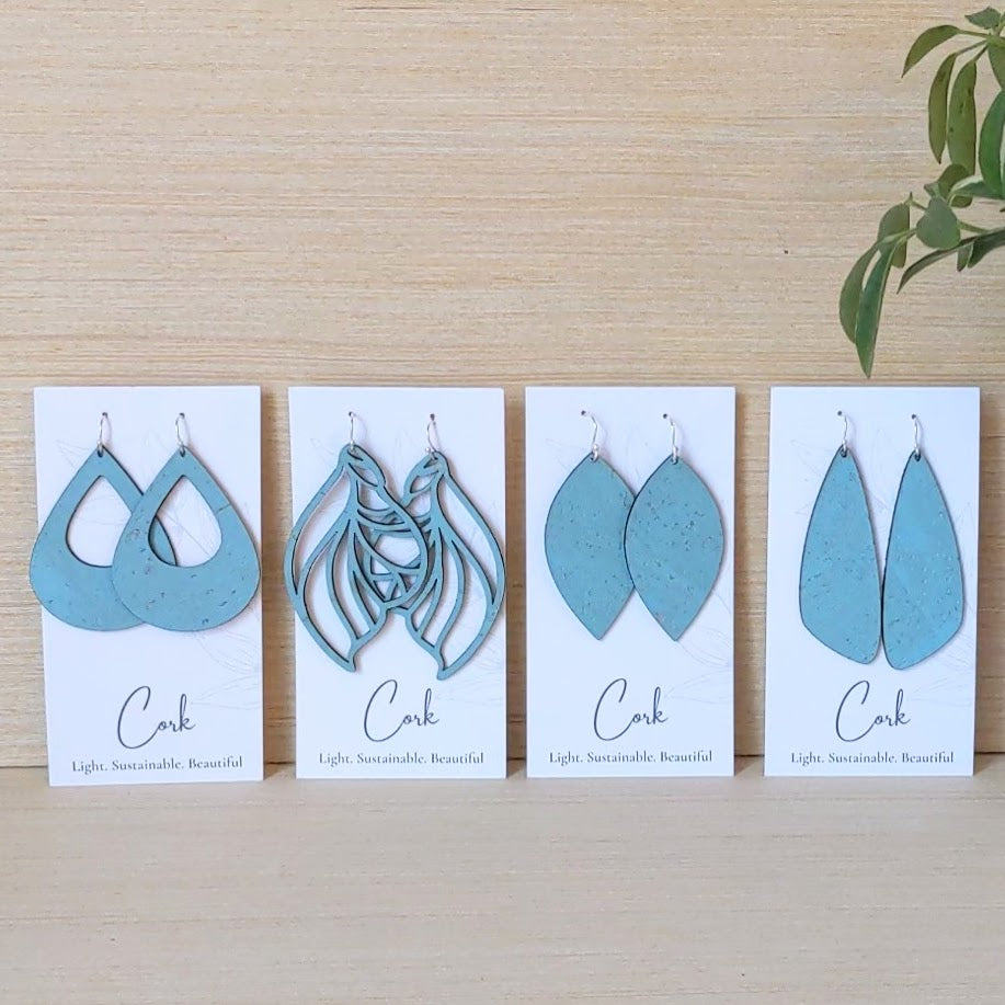 Bright Teal Cork Earrings - Large Wing