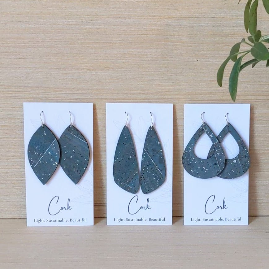 Sea Blue with Silver Flecks Cork Earrings - Large Teardrop