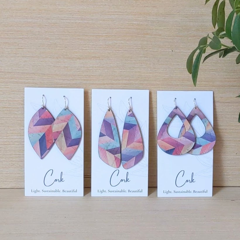 Pink Herringbone Cork Earrings - Large Wing