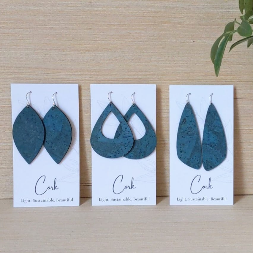 Deep Teal Cork Earrings - Large Teardrop