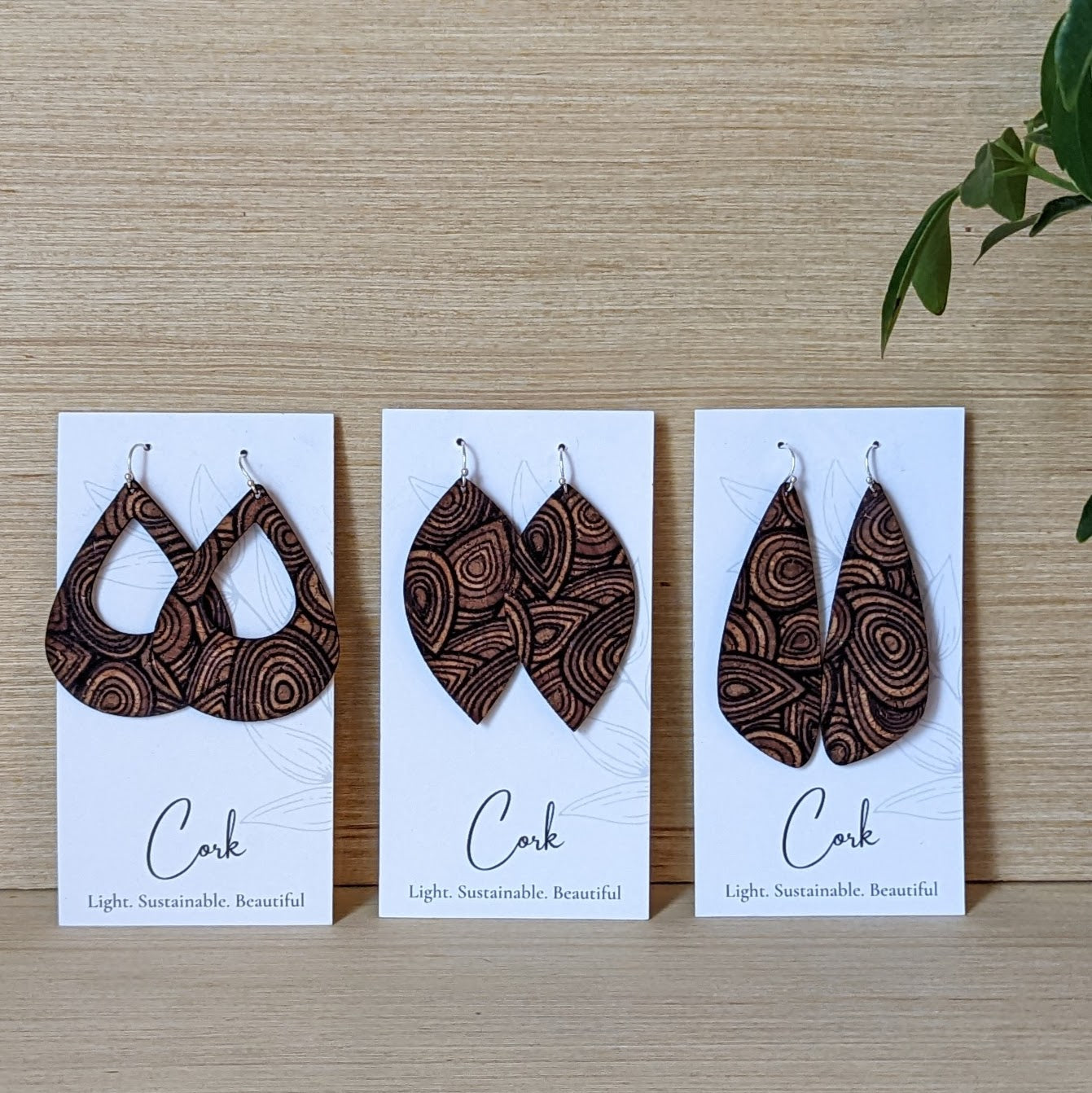 Natural with Wood Grain Cork Earrings - Large Wing