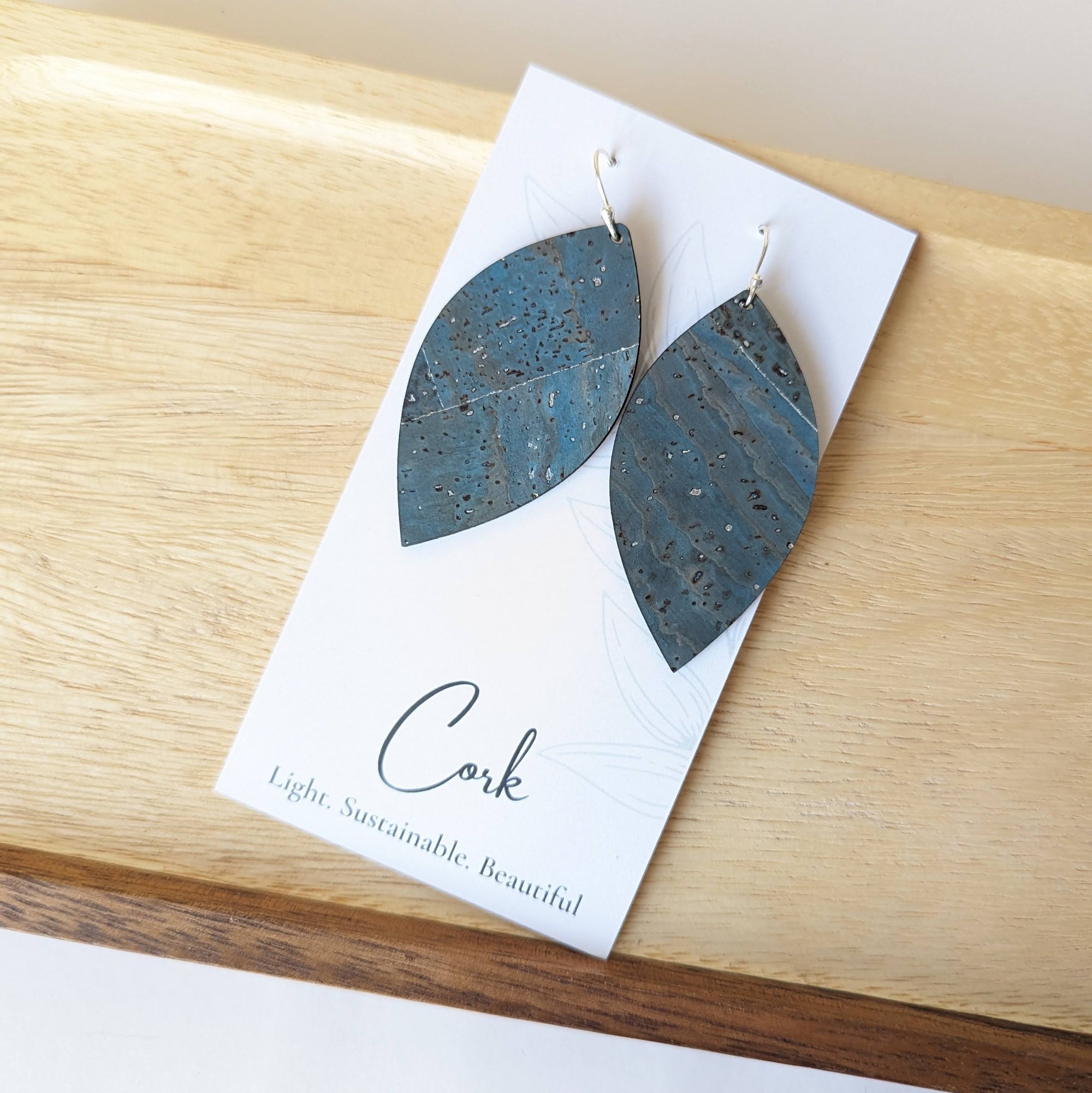 Sea Blue with Silver Flecks Cork Earrings - Large Leaf