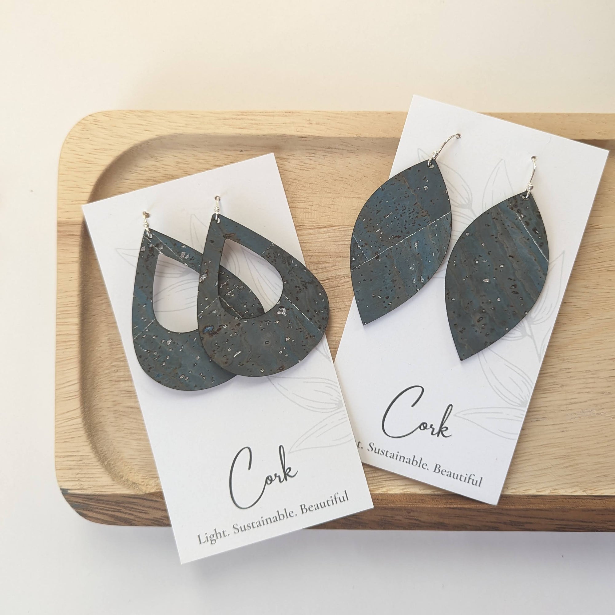 Sea Blue with Silver Flecks Cork Earrings - Large Teardrop