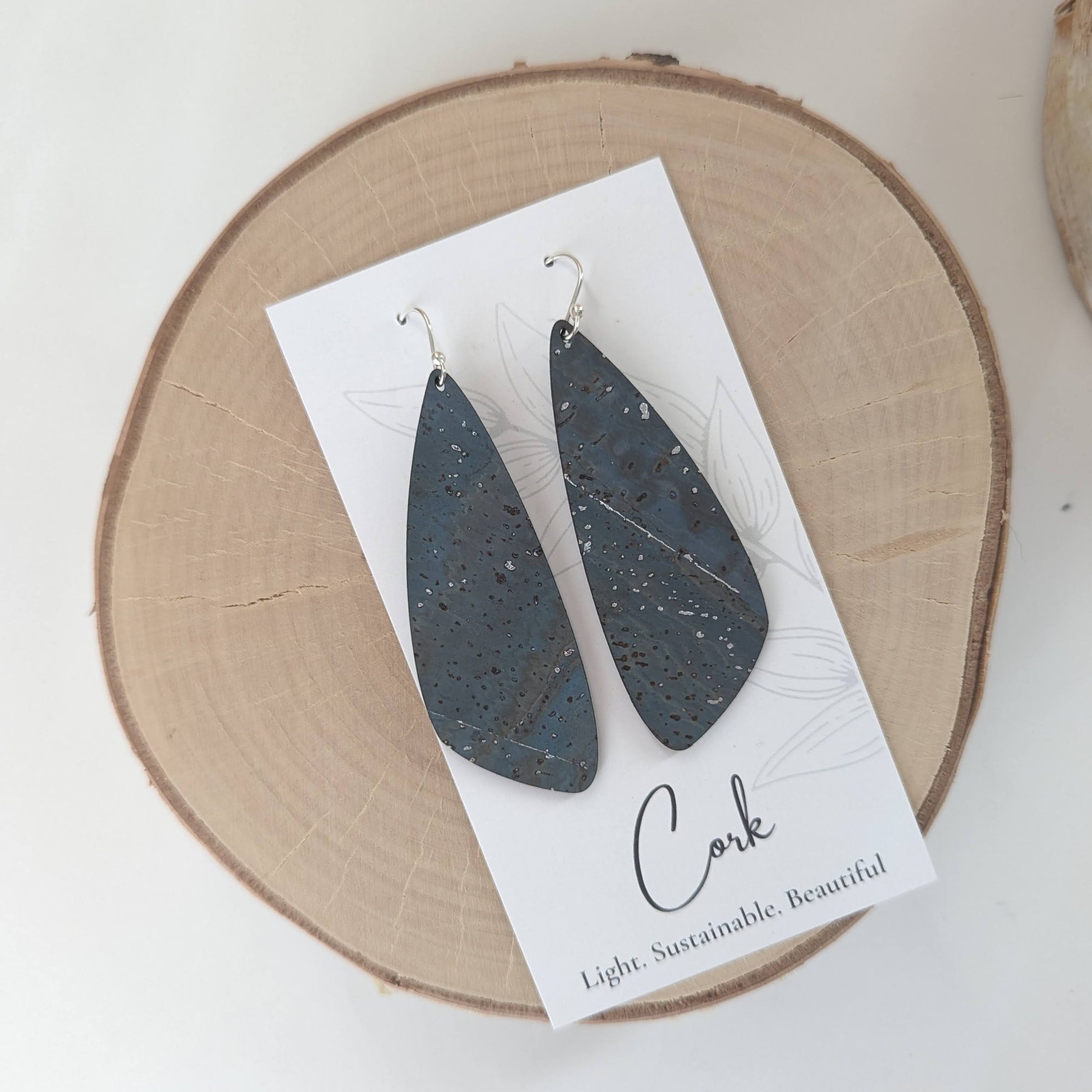 Sea Blue with Silver Flecks Cork Earrings - Large Wing