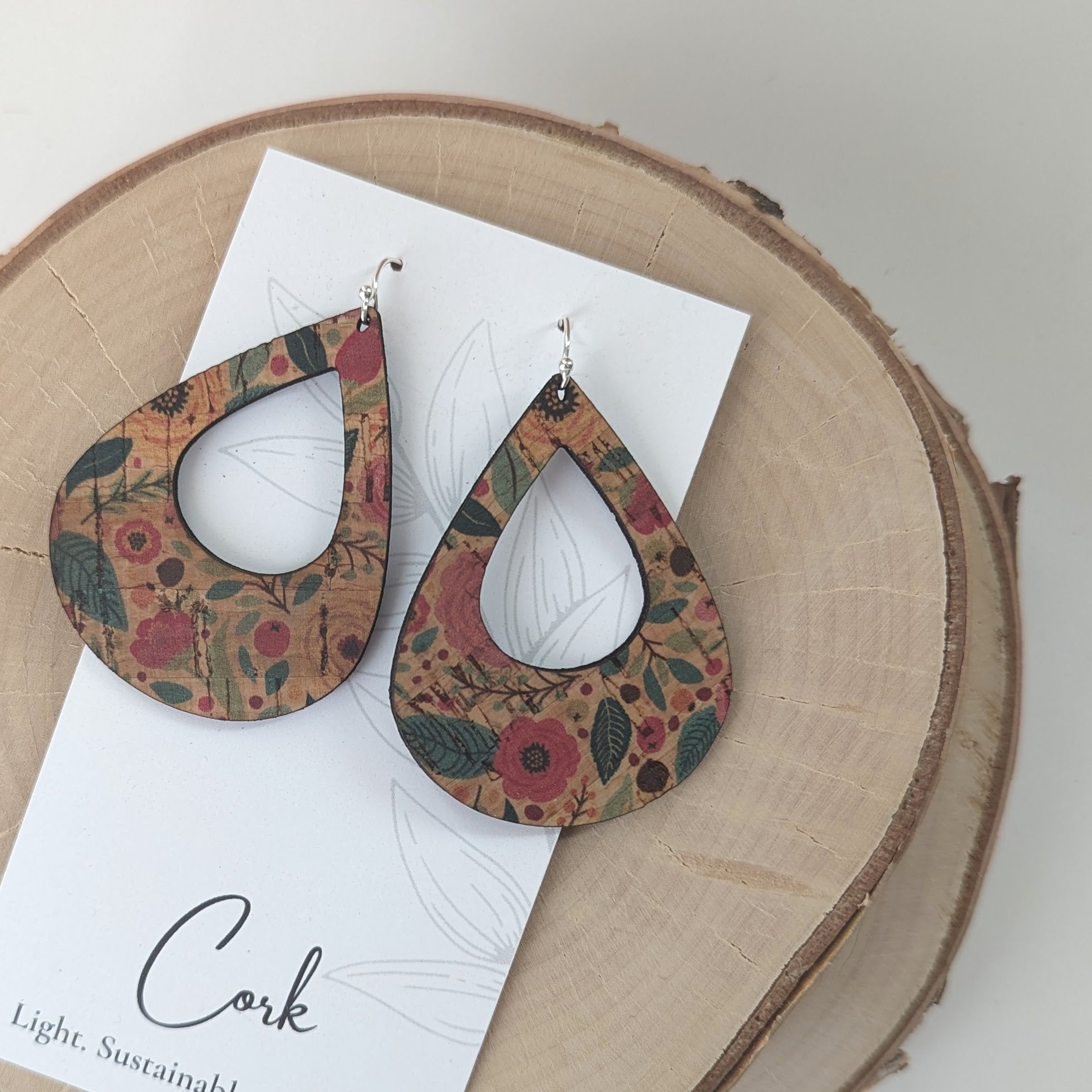 Green and Pink Floral Cork Earrings - Large Teardrop