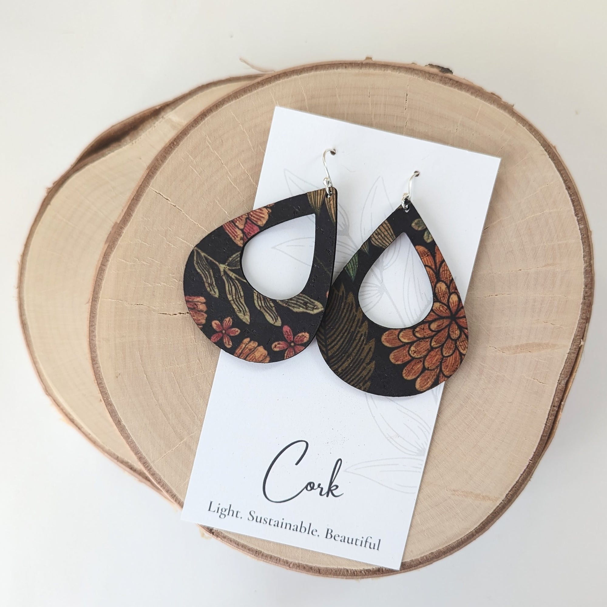 Floral on Black Cork Earrings - Large Teardrop