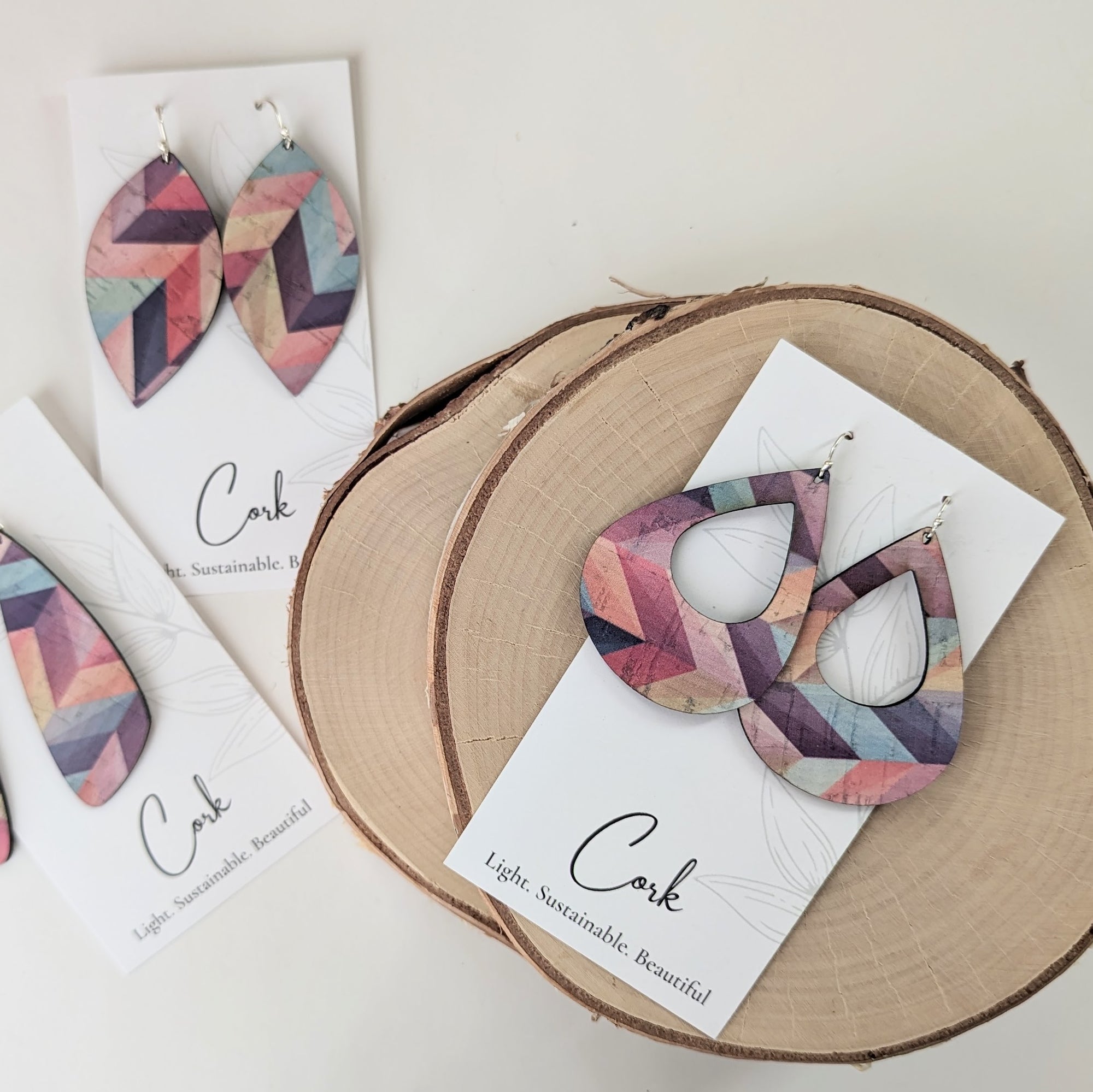Pink Herringbone Cork Earrings - Large Teardrop