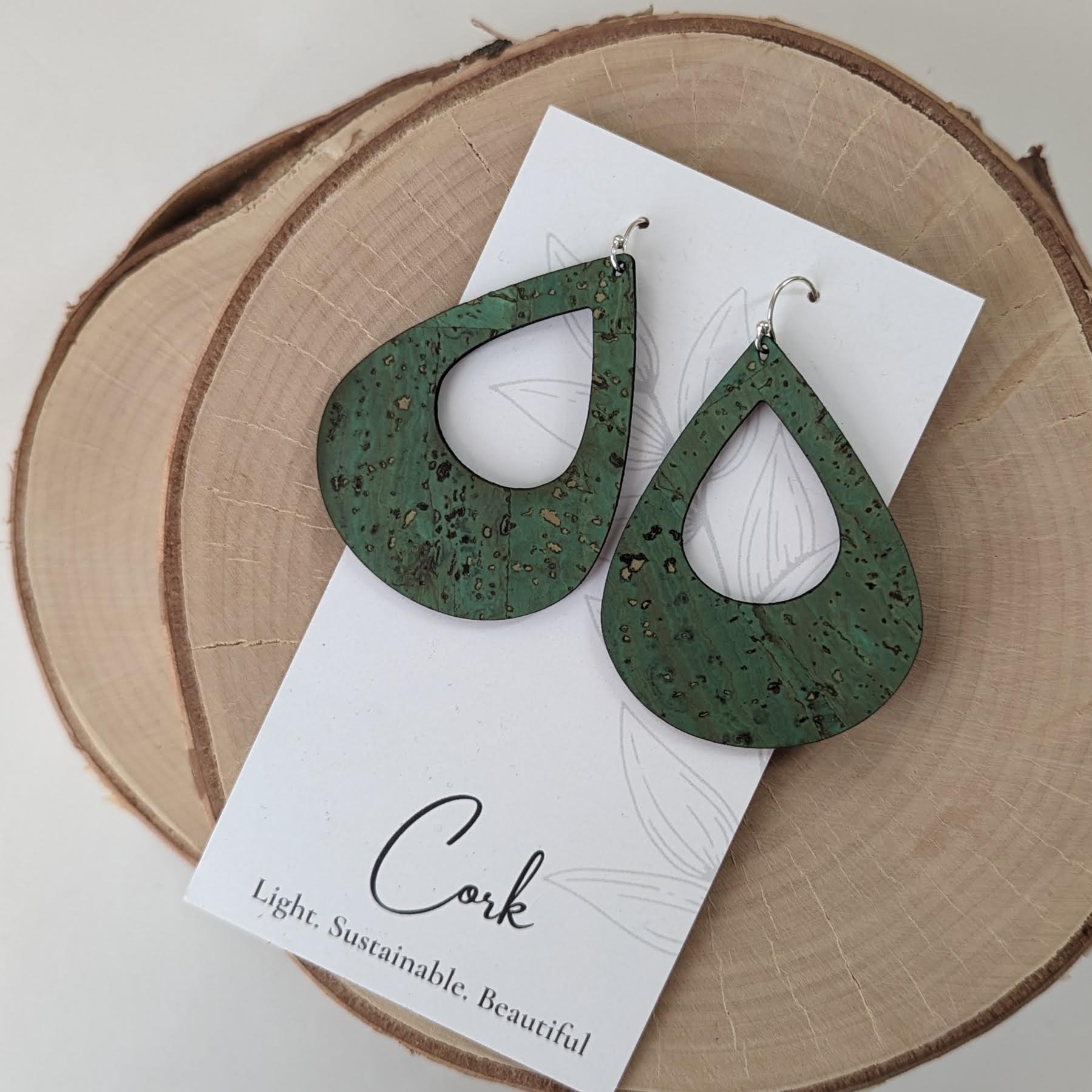 Grass Green Cork Earrings - Large Teardrop
