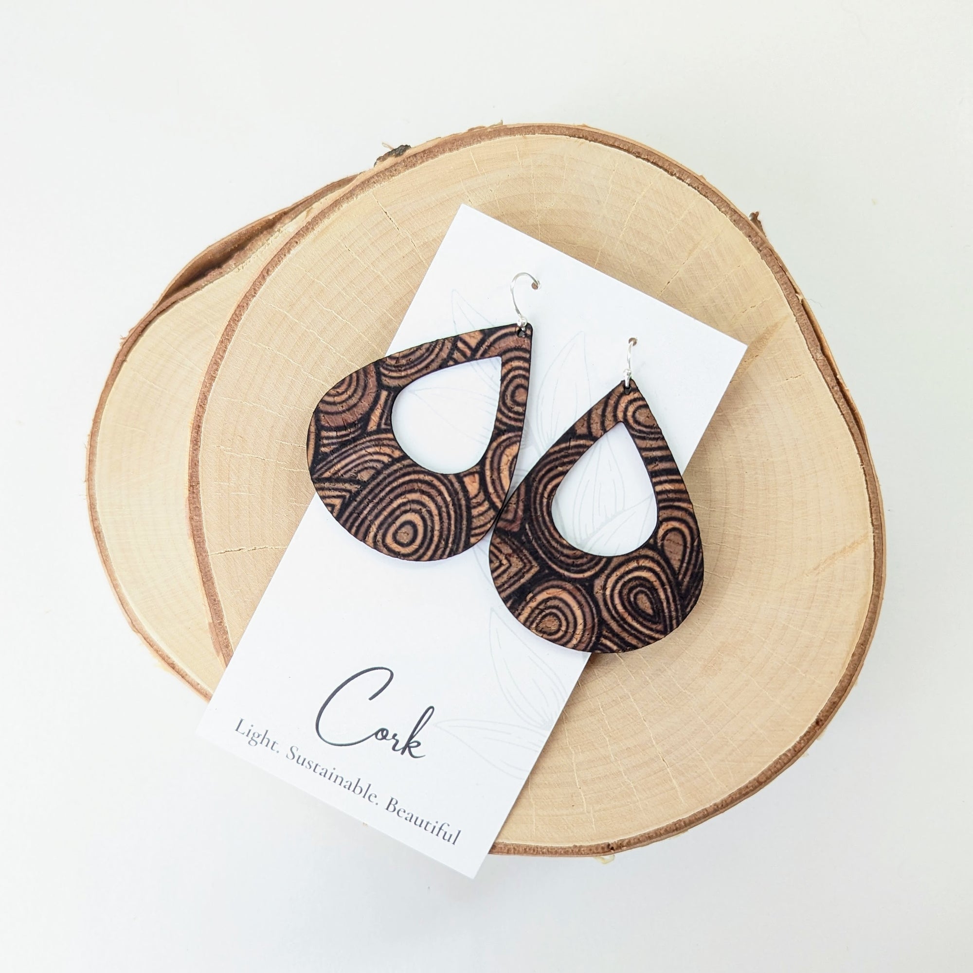 Natural with Wood Grain Cork Earrings - Large Teardrop